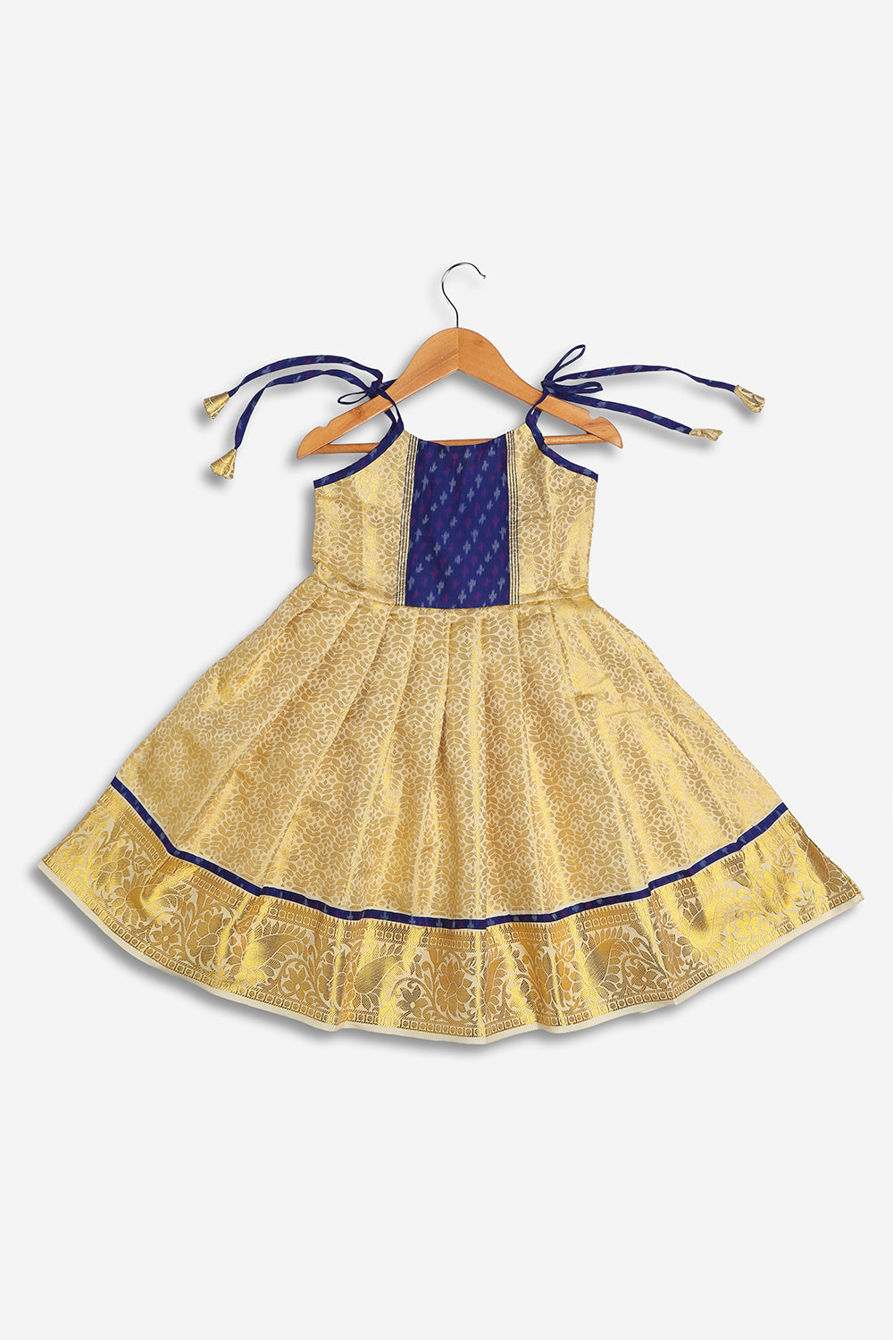 Chittythali Girls Semi Silk Ethnic Frock with Ikat Panel & Back Smocking | Shoulder Tie Traditional Festive Dress - FR63