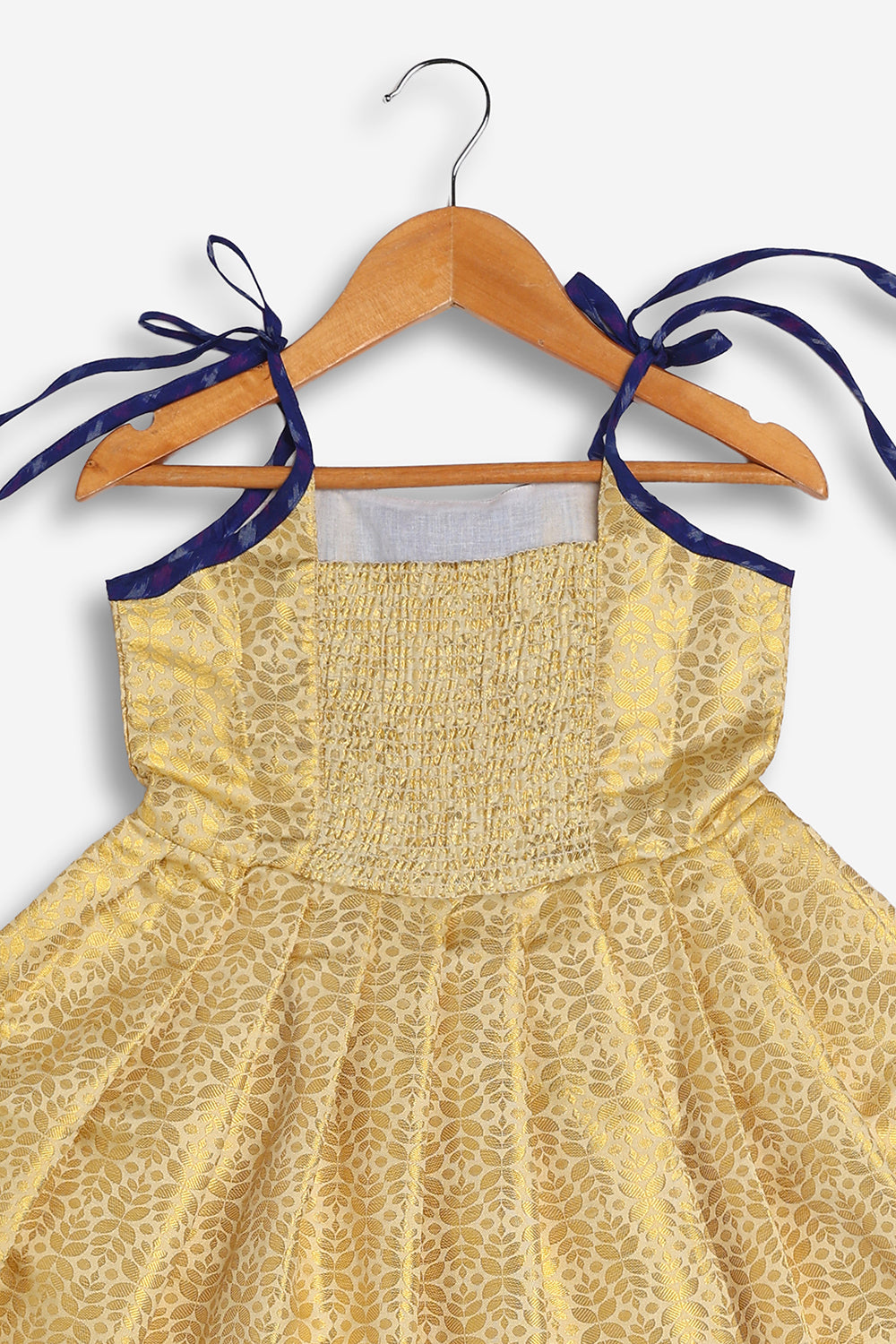 Chittythali Girls Semi Silk Ethnic Frock with Ikat Panel & Back Smocking | Shoulder Tie Traditional Festive Dress - FR63
