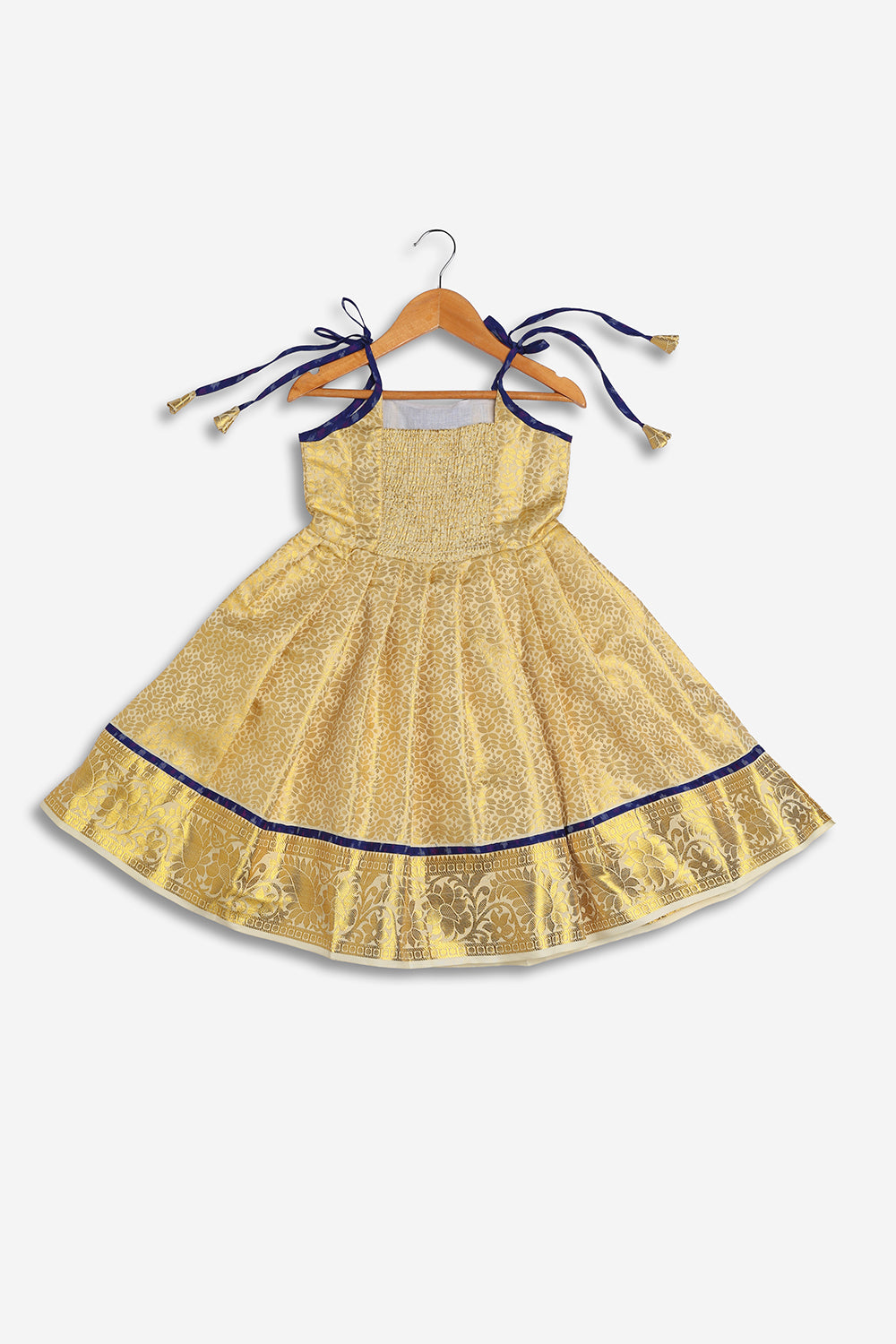 Chittythali Girls Semi Silk Ethnic Frock with Ikat Panel & Back Smocking | Shoulder Tie Traditional Festive Dress - FR63