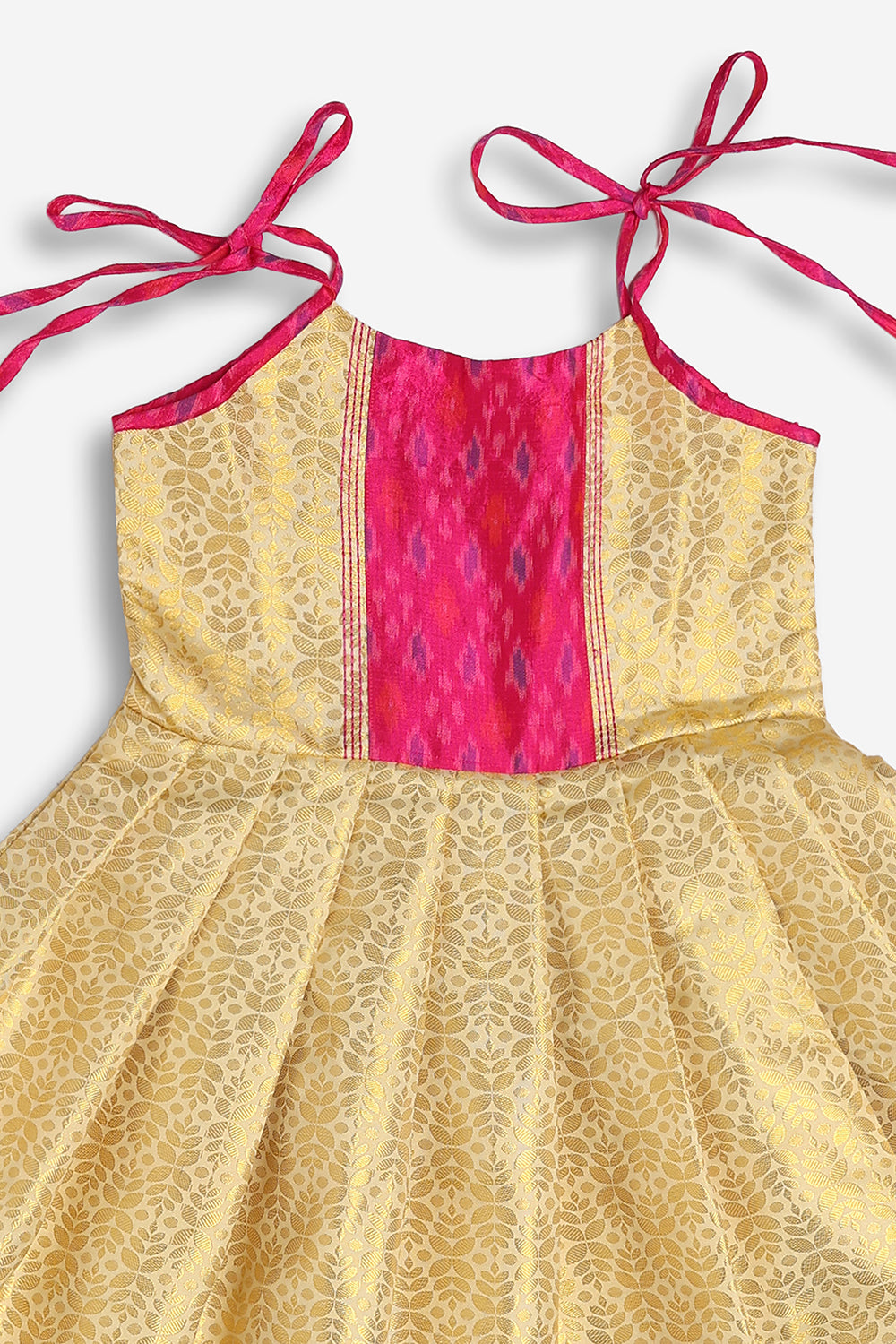 Chittythali Girls Semi Silk Ethnic Frock with Ikat Panel & Back Smocking | Shoulder Tie Traditional Festive Dress - FR63