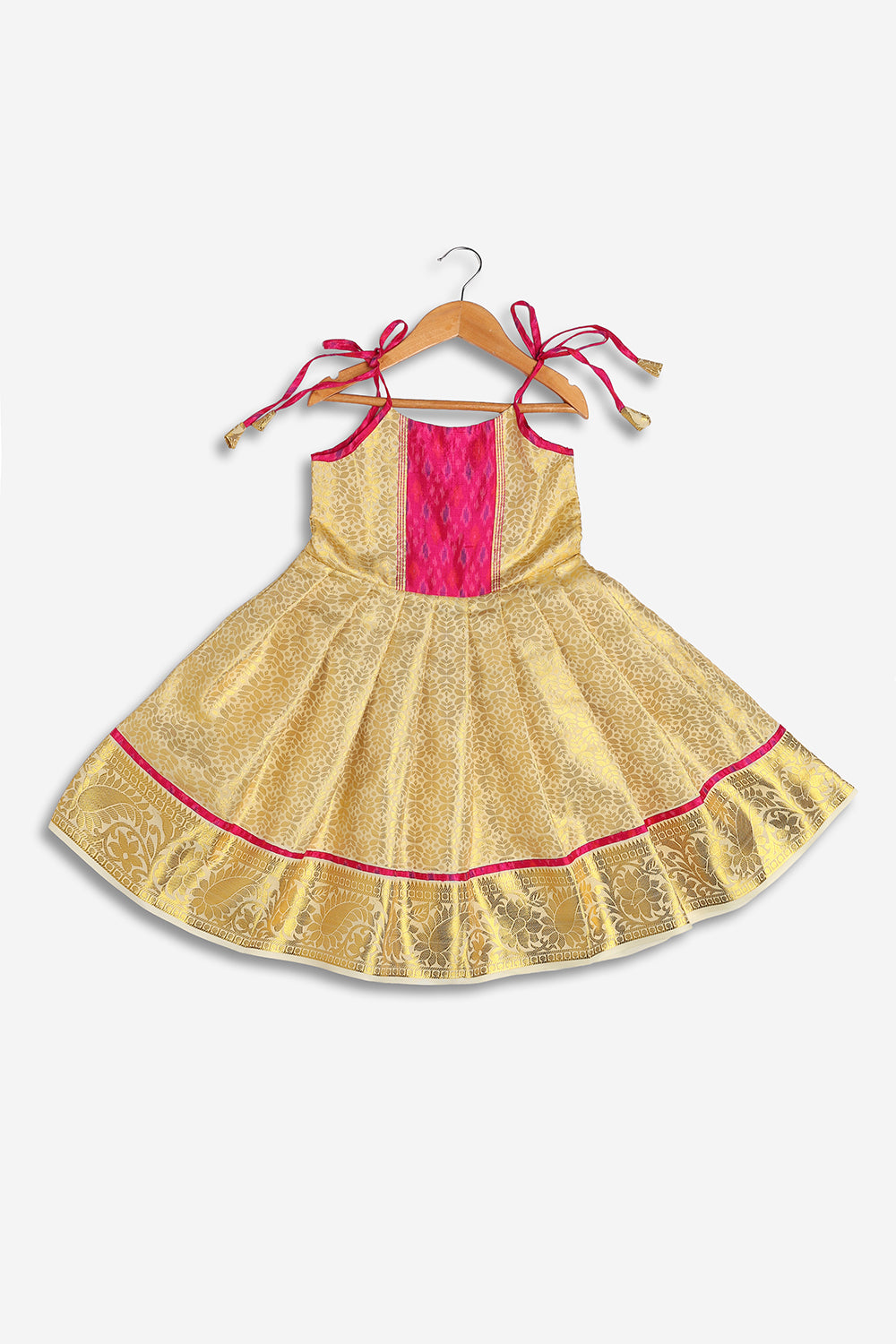 Chittythali Girls Semi Silk Ethnic Frock with Ikat Panel & Back Smocking | Shoulder Tie Traditional Festive Dress - FR63
