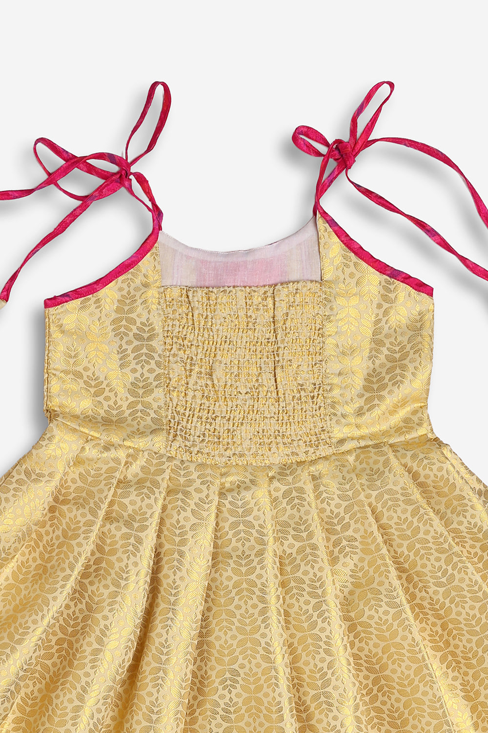 Chittythali Girls Semi Silk Ethnic Frock with Ikat Panel & Back Smocking | Shoulder Tie Traditional Festive Dress - FR63