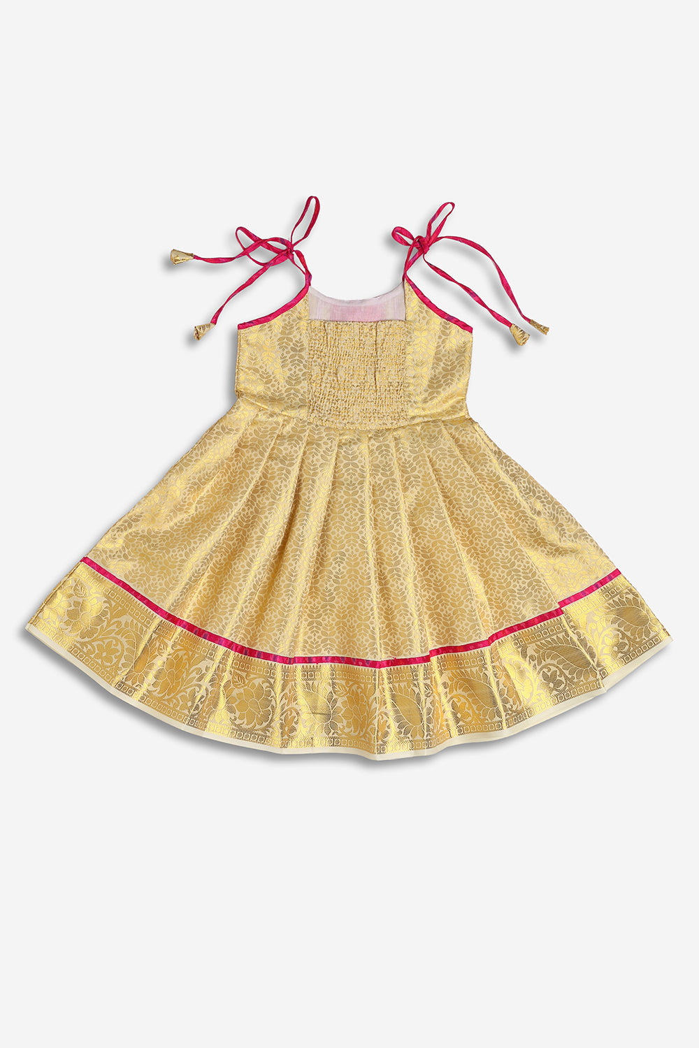 Chittythali Girls Semi Silk Ethnic Frock with Ikat Panel & Back Smocking | Shoulder Tie Traditional Festive Dress - FR63
