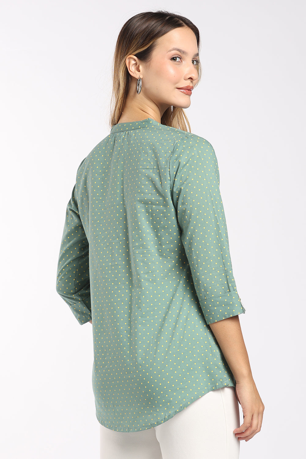 Mythri Women's Cotton Polka Dot Top | Micro Polka Print Notch Neck Top for Women | Regular Fit Casual, Office & Everyday Wear - T413