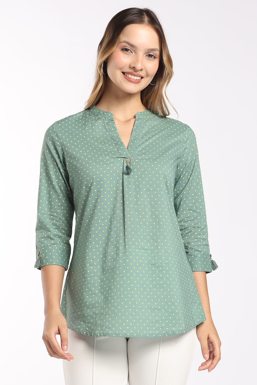 Mythri Women's Cotton Polka Dot Top | Micro Polka Print Notch Neck Top for Women | Regular Fit Casual, Office & Everyday Wear - T413