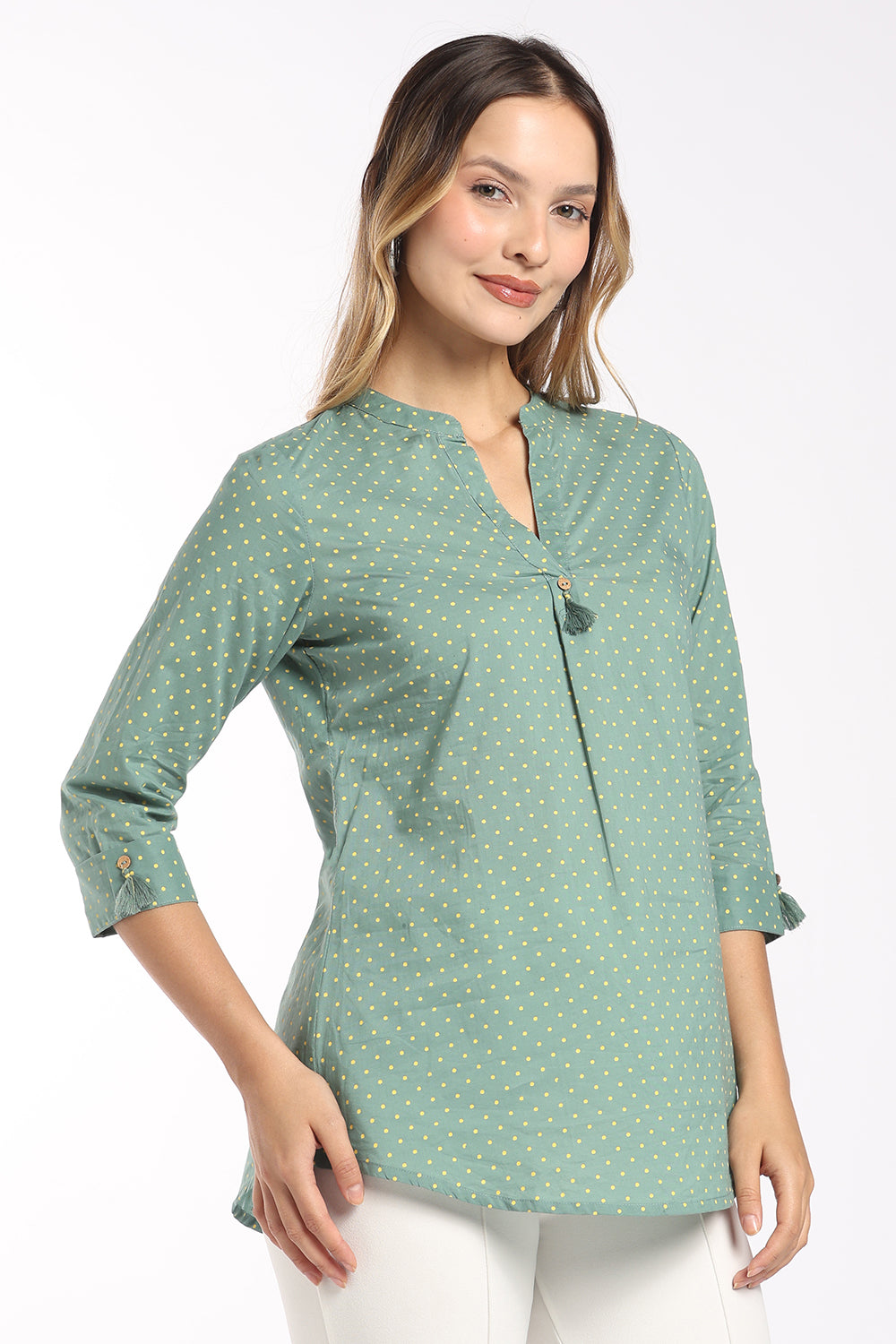 Mythri Women's Cotton Polka Dot Top | Micro Polka Print Notch Neck Top for Women | Regular Fit Casual, Office & Everyday Wear - T413