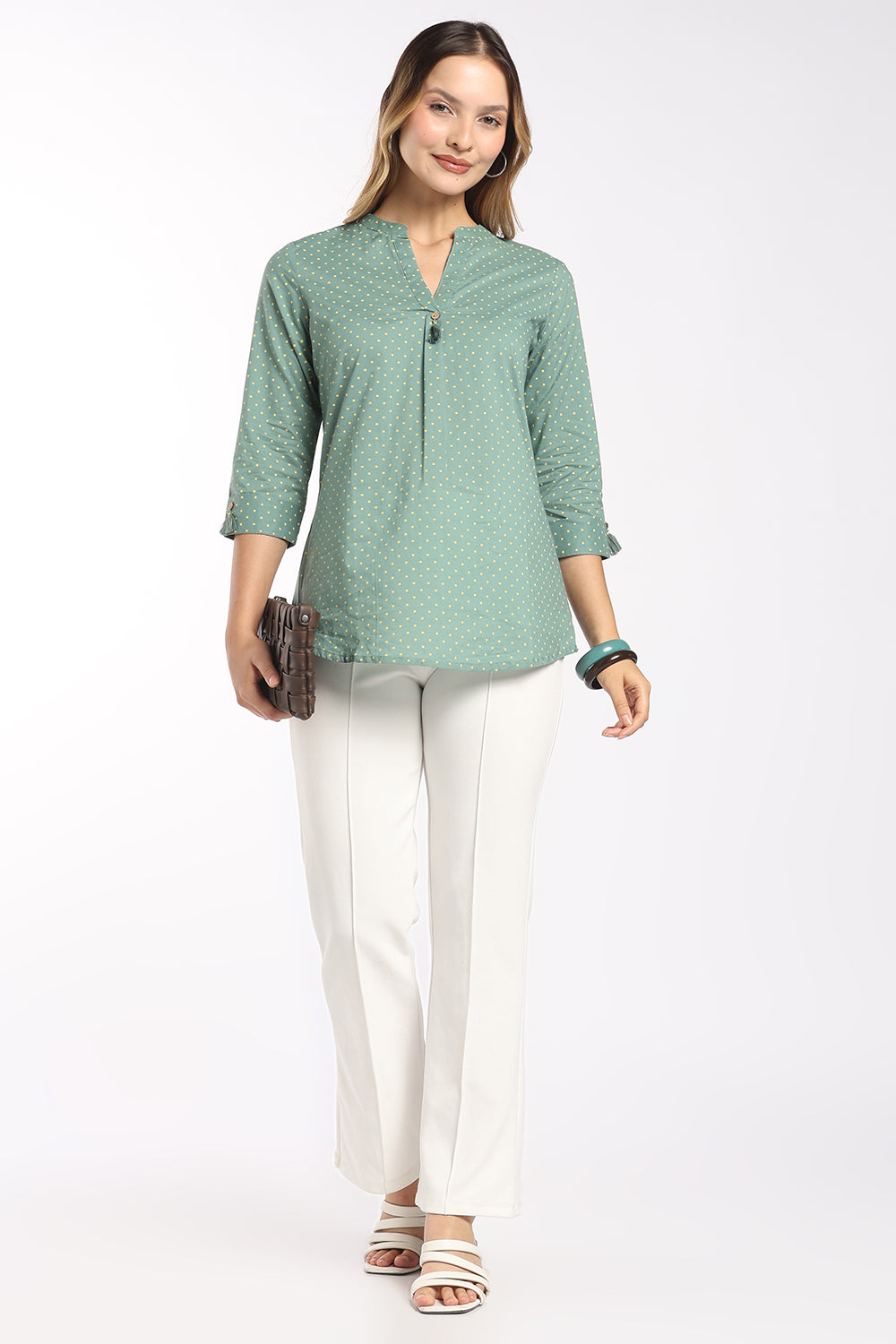 Mythri Women's Cotton Polka Dot Top | Micro Polka Print Notch Neck Top for Women | Regular Fit Casual, Office & Everyday Wear - T413
