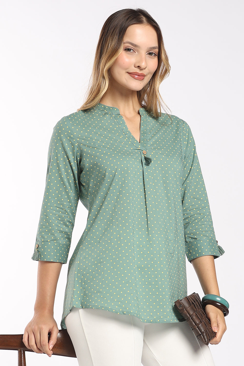 Mythri Women's Cotton Polka Dot Top | Micro Polka Print Notch Neck Top for Women | Regular Fit Casual, Office & Everyday Wear - T413
