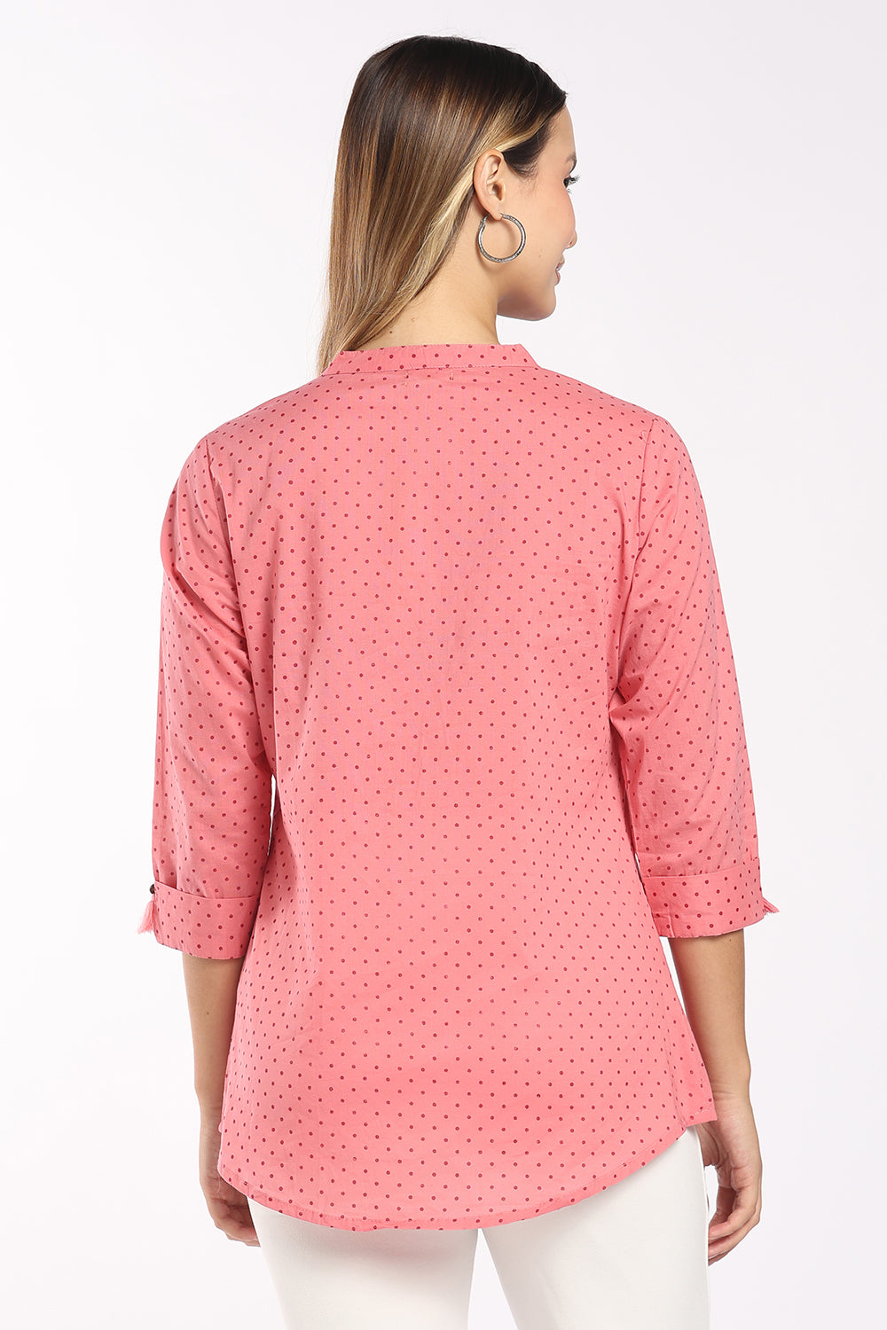 Mythri Women's Cotton Printed Top | Micro Polka Dot Notch Neck Top for Women | Regular Fit Office, Casual & Everyday Wear - T414
