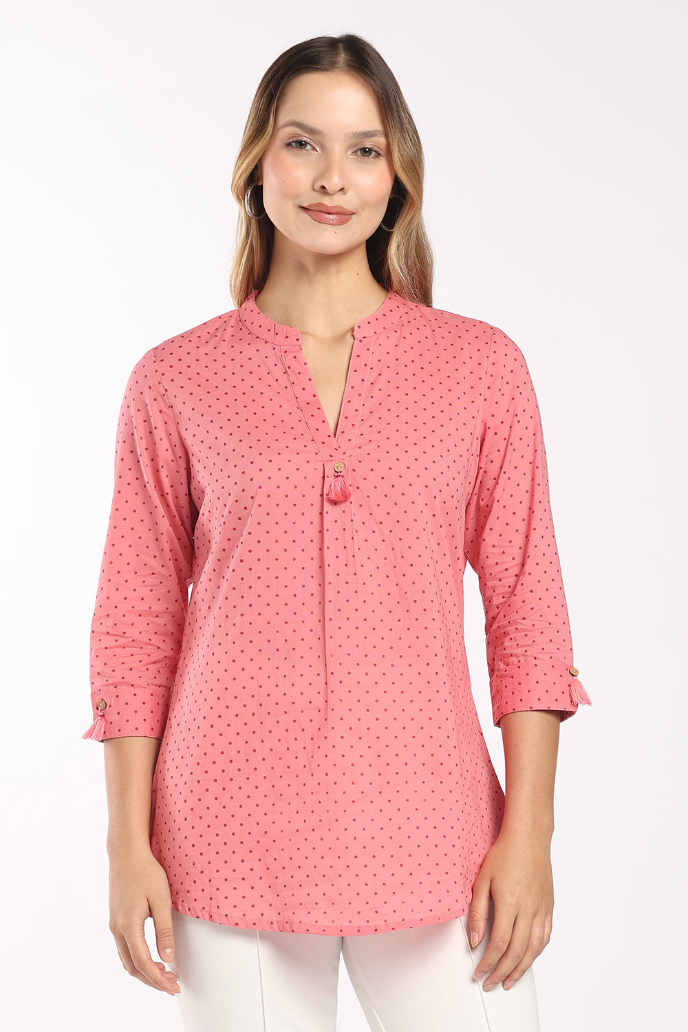 Mythri Women's Cotton Printed Top | Micro Polka Dot Notch Neck Top for Women | Regular Fit Office, Casual & Everyday Wear - T414
