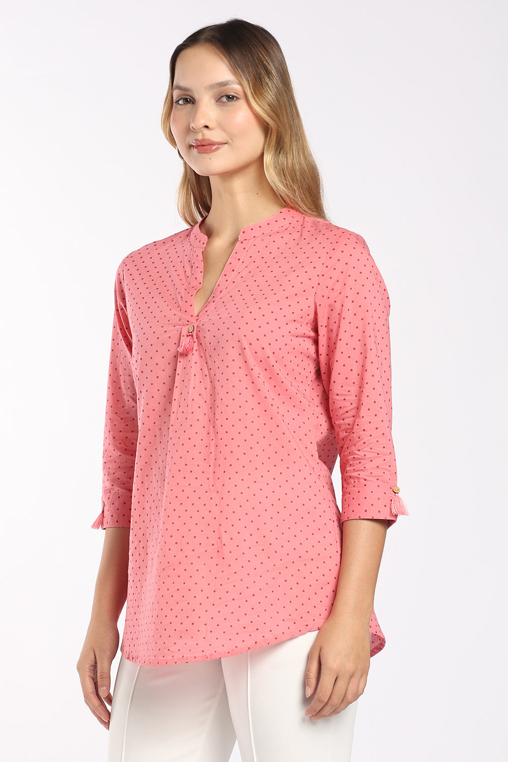 Mythri Women's Cotton Printed Top | Micro Polka Dot Notch Neck Top for Women | Regular Fit Office, Casual & Everyday Wear - T414