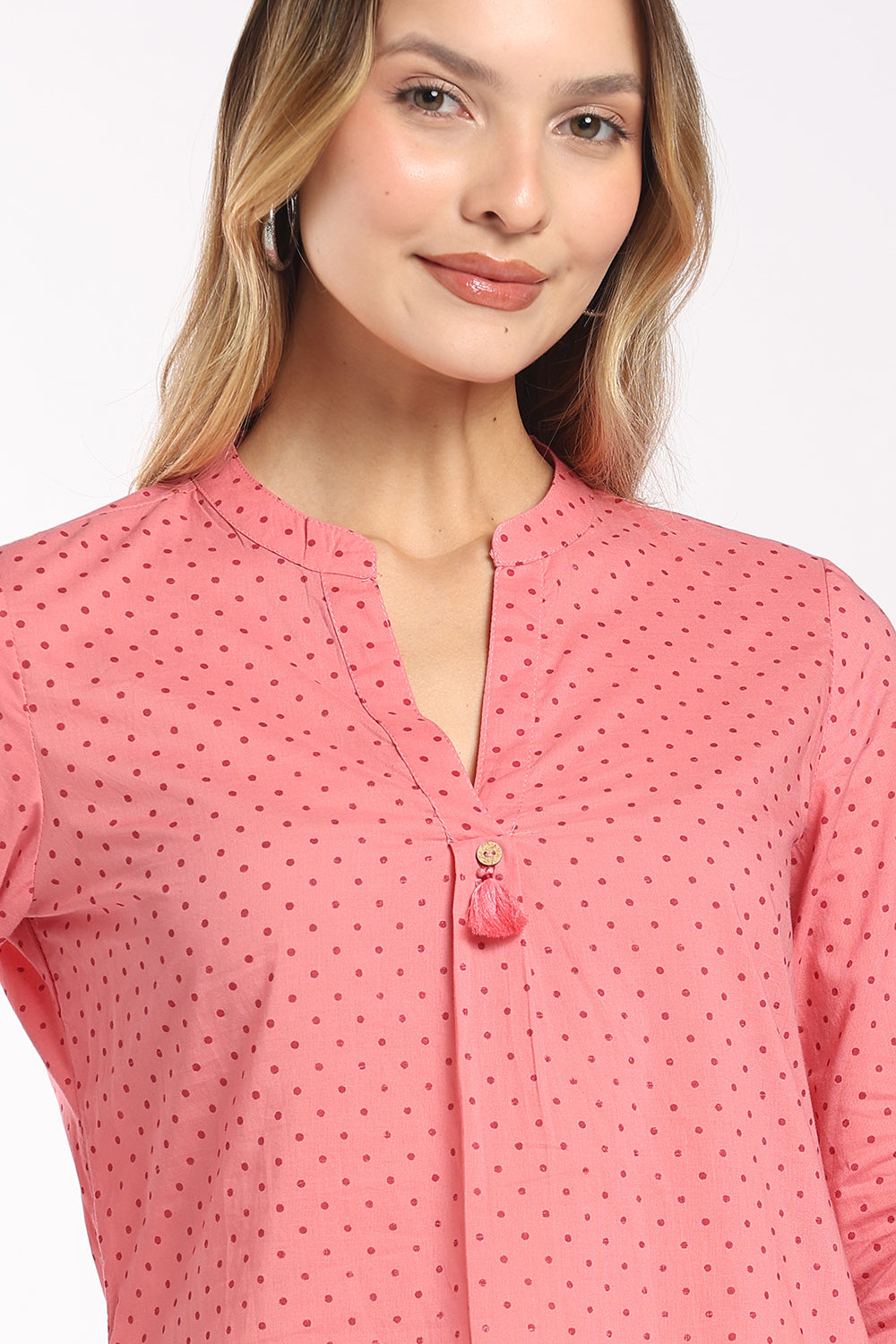 Mythri Women's Cotton Printed Top | Micro Polka Dot Notch Neck Top for Women | Regular Fit Office, Casual & Everyday Wear - T414