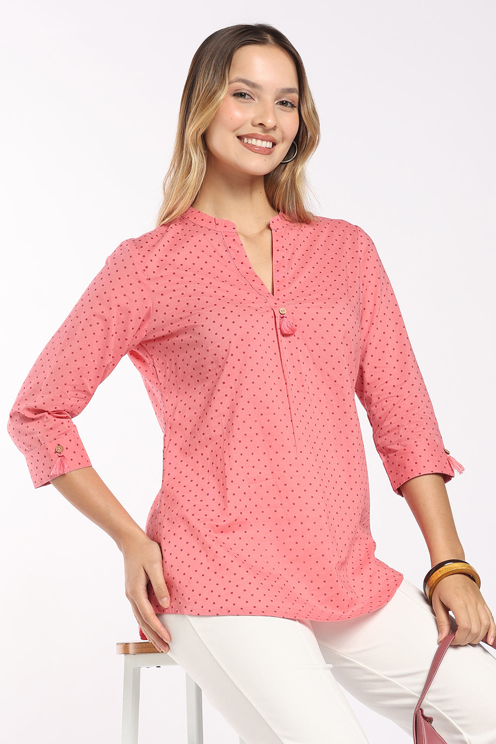 Mythri Women's Cotton Printed Top | Micro Polka Dot Notch Neck Top for Women | Regular Fit Office, Casual & Everyday Wear - T414