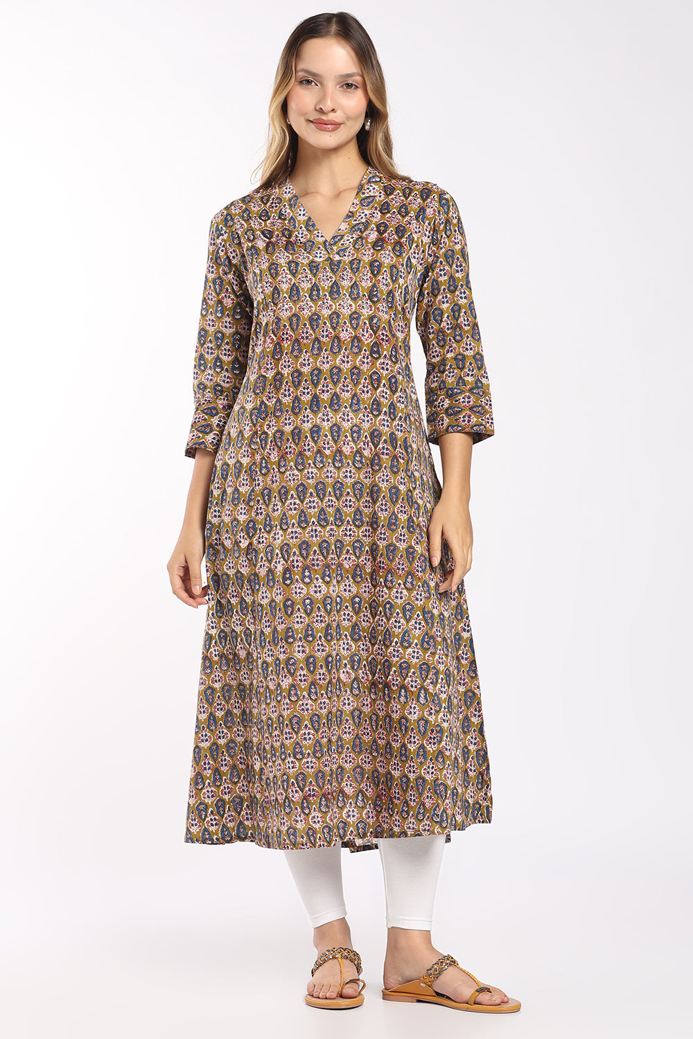 Mythri Women's Cotton Printed A-Line Kurti | Shawl Collar V-Neck Ethnic Kurti for Women | Regular Fit Office, Casual & Daily Wear - SH28