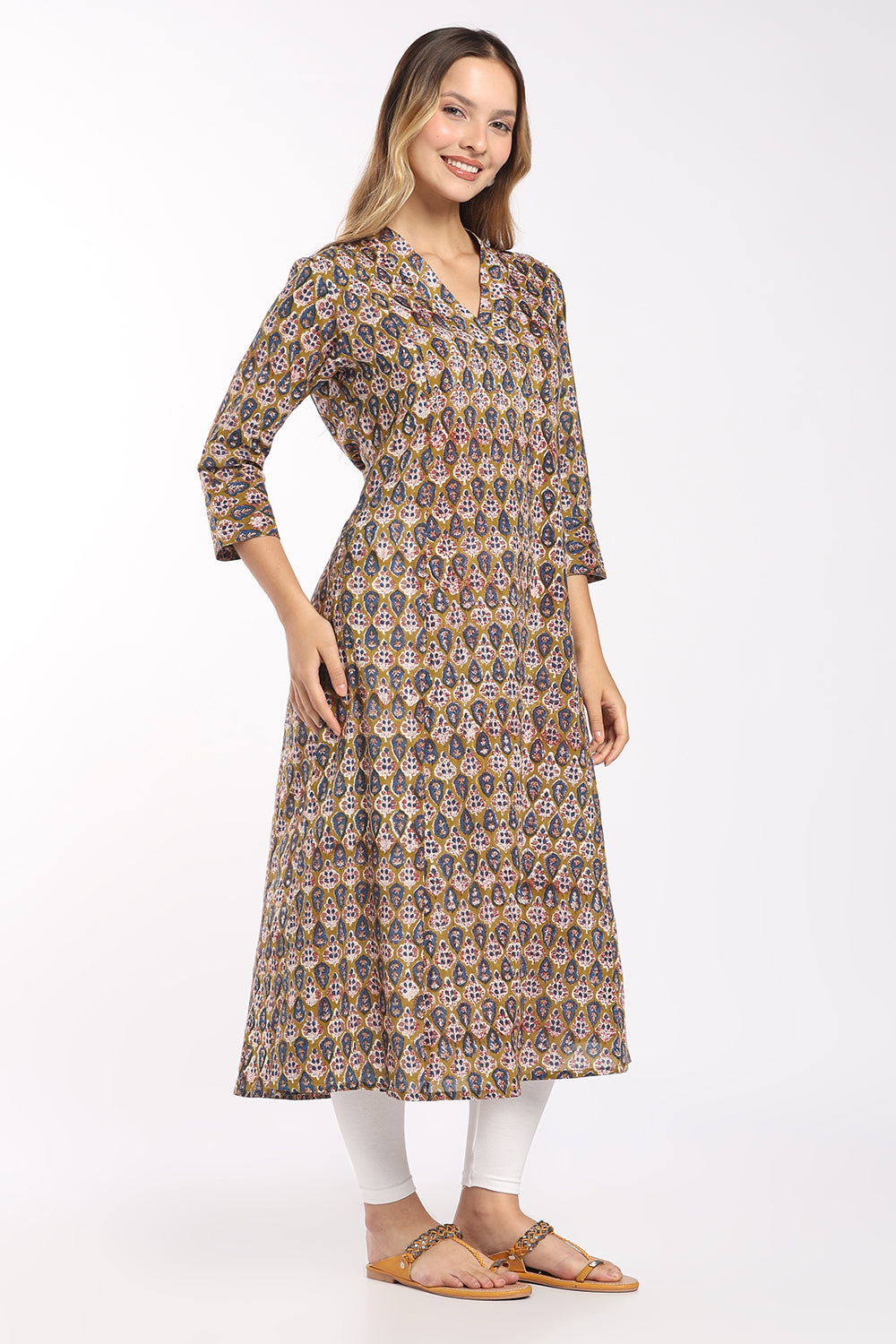 Mythri Women's Cotton Printed A-Line Kurti | Shawl Collar V-Neck Ethnic Kurti for Women | Regular Fit Office, Casual & Daily Wear - SH28