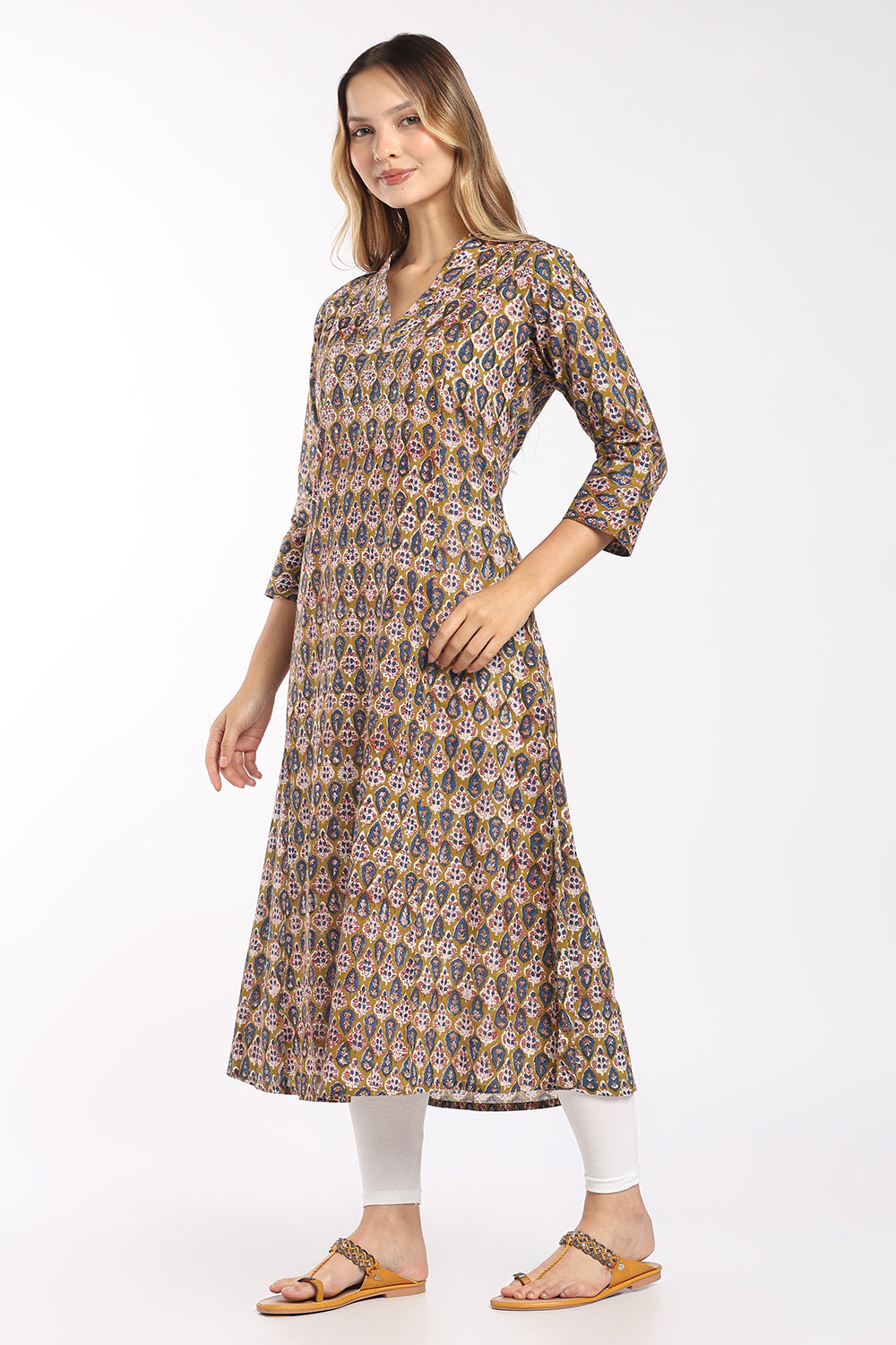 Mythri Women's Cotton Printed A-Line Kurti | Shawl Collar V-Neck Ethnic Kurti for Women | Regular Fit Office, Casual & Daily Wear - SH28
