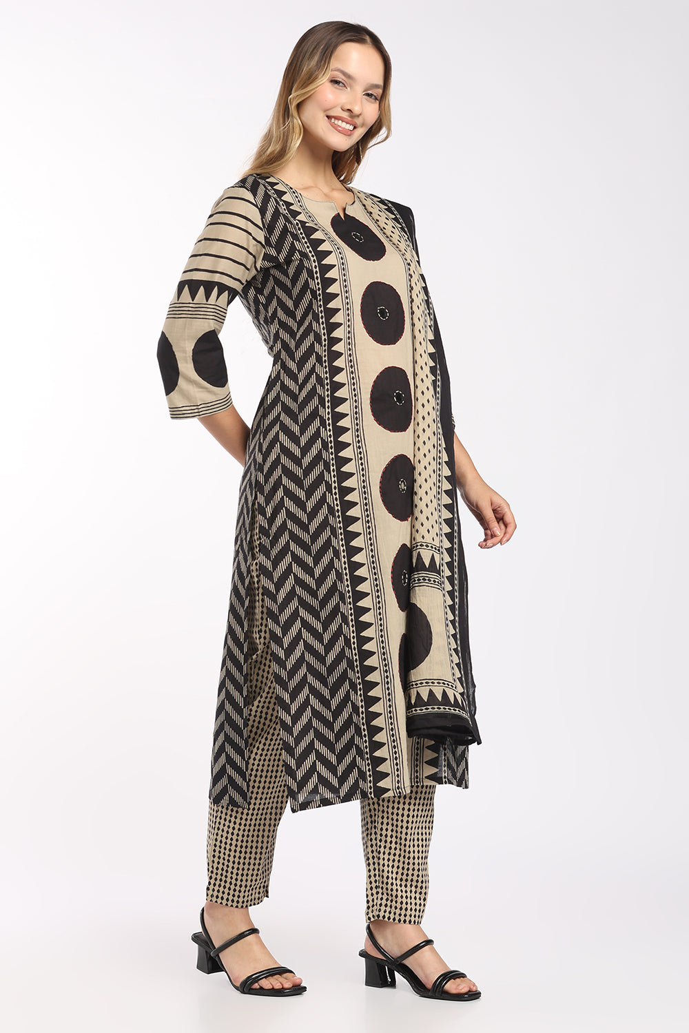 Mythri Women’s Cotton Printed Chudidar Set | 3 Piece Kurta Set with 3/4 Sleeves | Regular Fit Ethnic Suit Set for Daily Office & Casual Wear - 1434