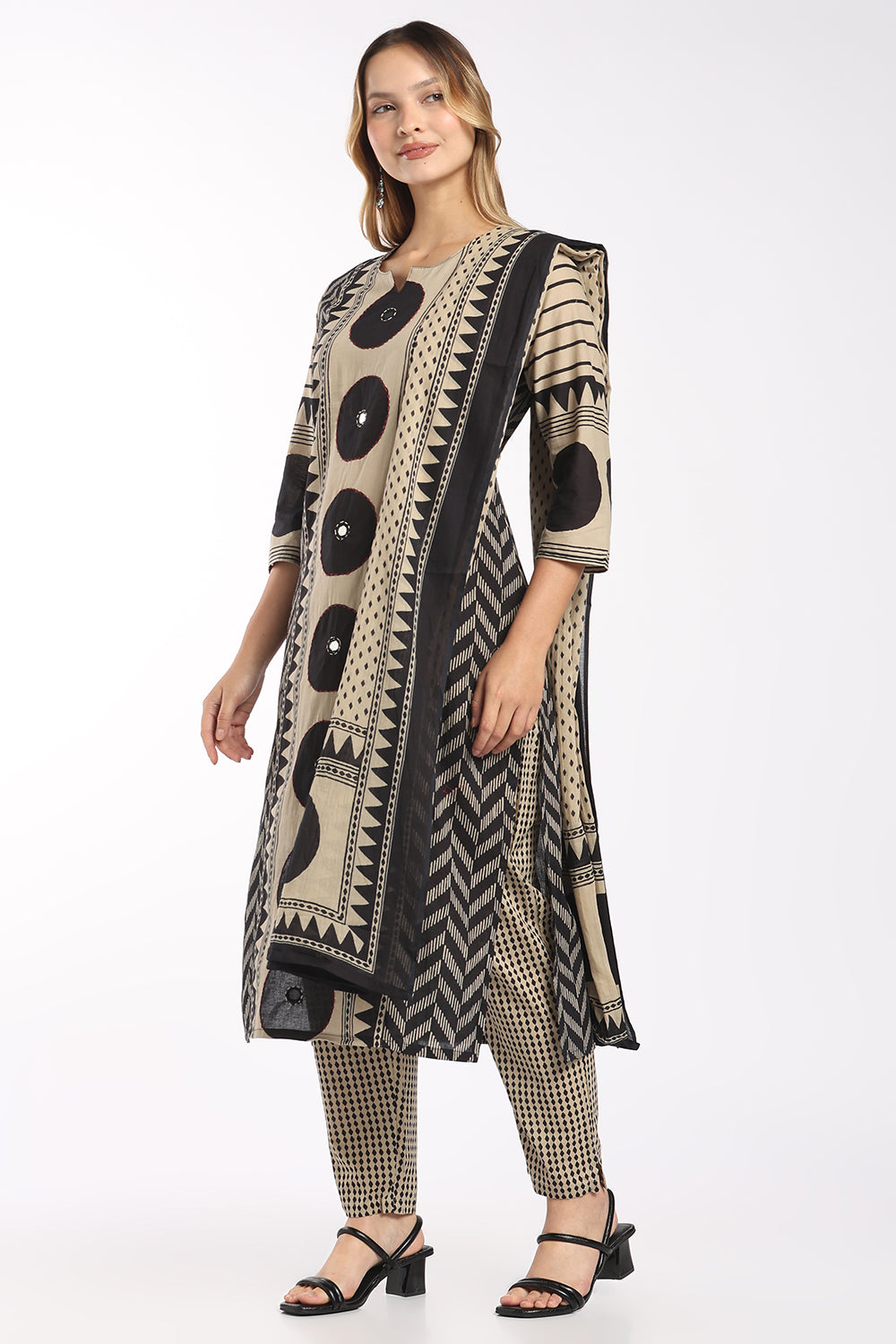 Mythri Women’s Cotton Printed Chudidar Set | 3 Piece Kurta Set with 3/4 Sleeves | Regular Fit Ethnic Suit Set for Daily Office & Casual Wear - 1434