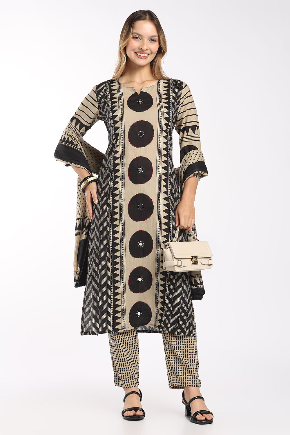 Mythri Women’s Cotton Printed Chudidar Set | 3 Piece Kurta Set with 3/4 Sleeves | Regular Fit Ethnic Suit Set for Daily Office & Casual Wear - 1434