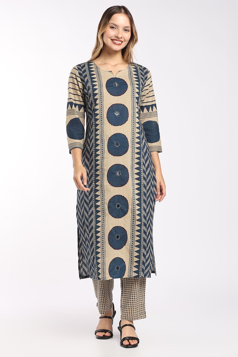 Mythri Women’s Cotton Printed Chudidar Set | 3 Piece Kurta Set with 3/4 Sleeves | Regular Fit Ethnic Suit Set for Daily Office & Casual Wear - 1434