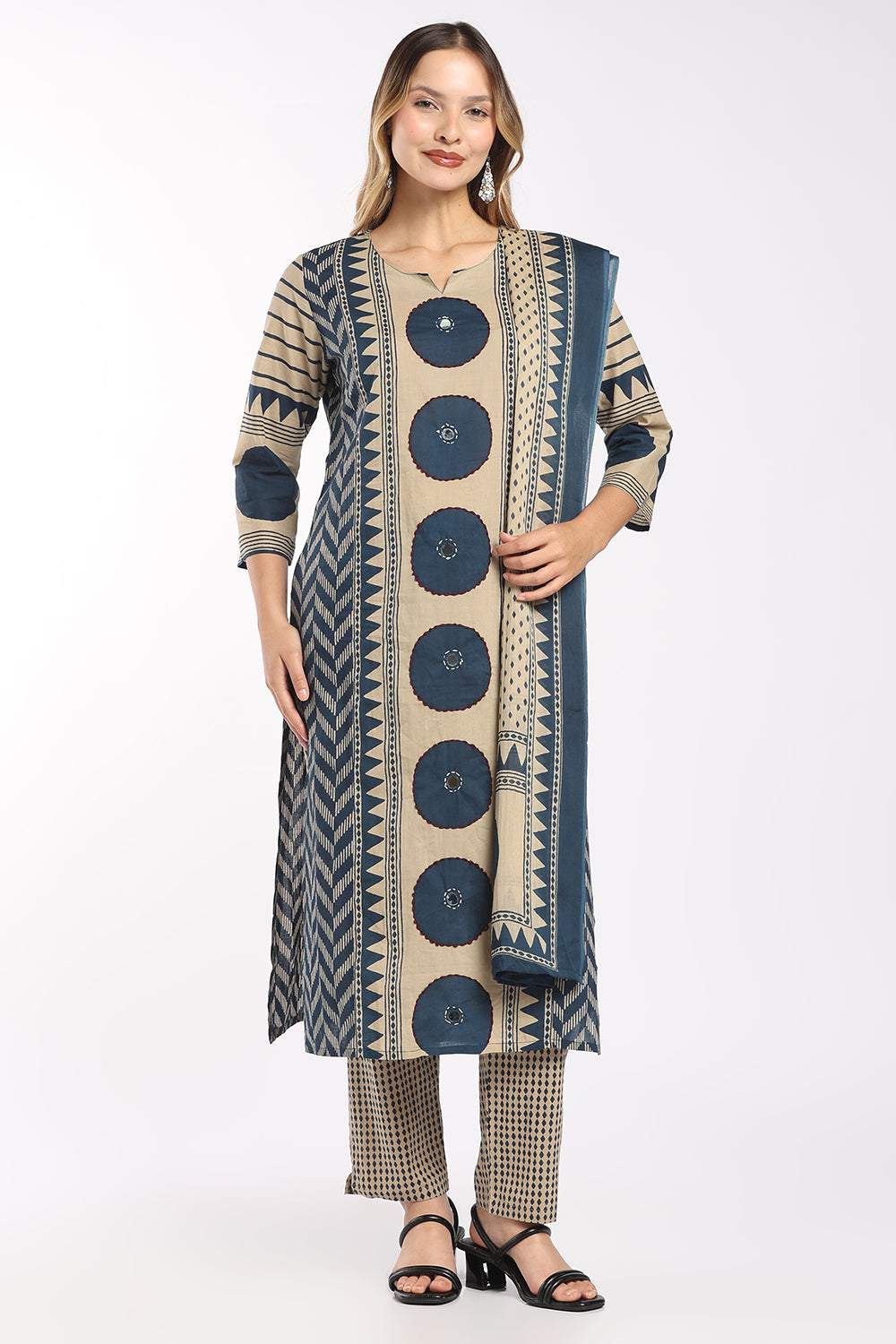 Mythri Women’s Cotton Printed Chudidar Set | 3 Piece Kurta Set with 3/4 Sleeves | Regular Fit Ethnic Suit Set for Daily Office & Casual Wear - 1434