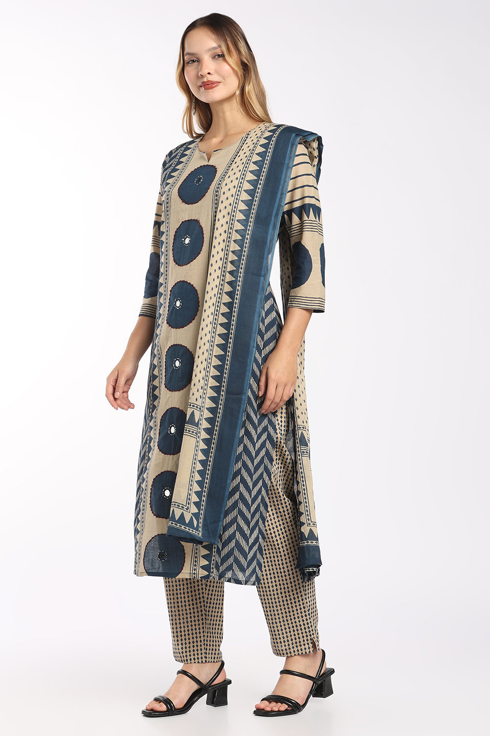 Mythri Women’s Cotton Printed Chudidar Set | 3 Piece Kurta Set with 3/4 Sleeves | Regular Fit Ethnic Suit Set for Daily Office & Casual Wear - 1434