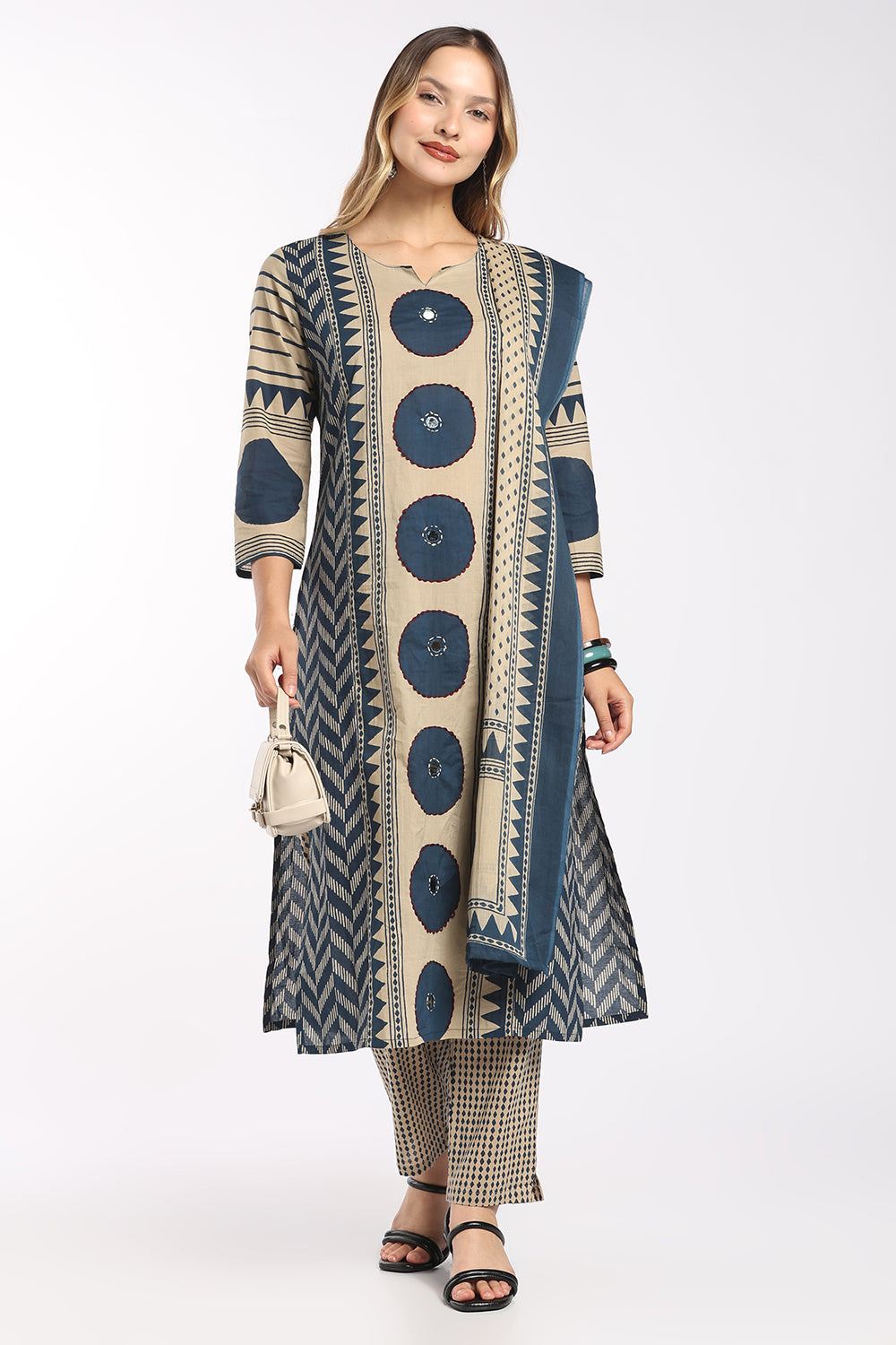 Mythri Women’s Cotton Printed Chudidar Set | 3 Piece Kurta Set with 3/4 Sleeves | Regular Fit Ethnic Suit Set for Daily Office & Casual Wear - 1434