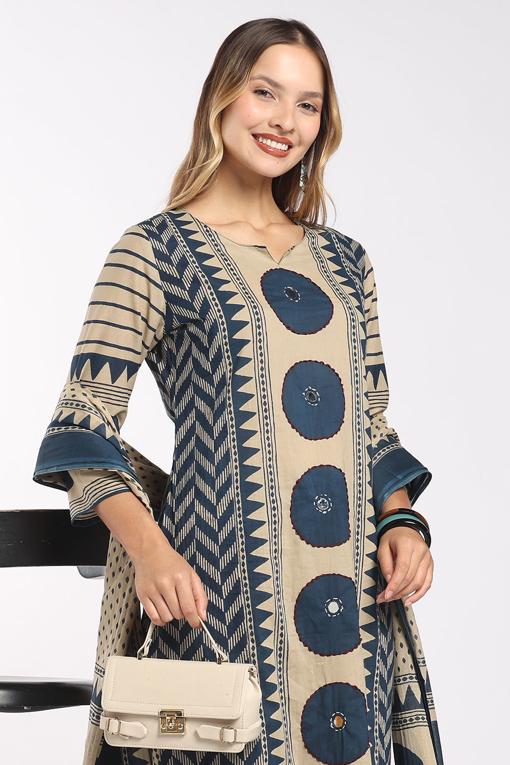 Mythri Women’s Cotton Printed Chudidar Set | 3 Piece Kurta Set with 3/4 Sleeves | Regular Fit Ethnic Suit Set for Daily Office & Casual Wear - 1434