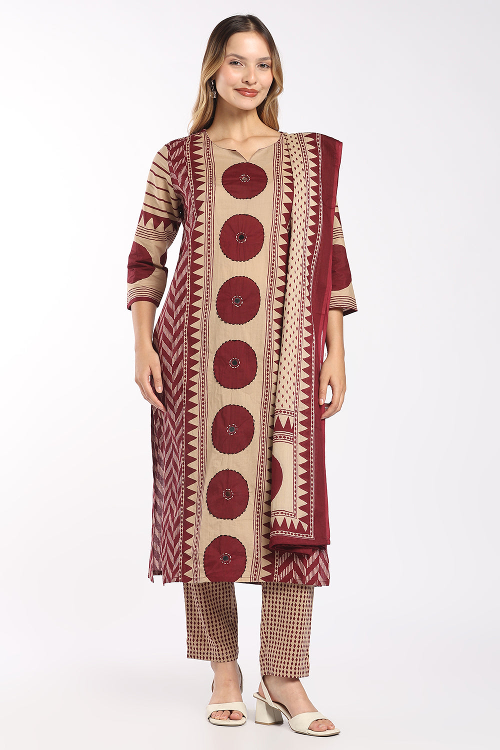 Mythri Women’s Cotton Printed Chudidar Set | 3 Piece Kurta Set with 3/4 Sleeves | Regular Fit Ethnic Suit Set for Daily Office & Casual Wear - 1434