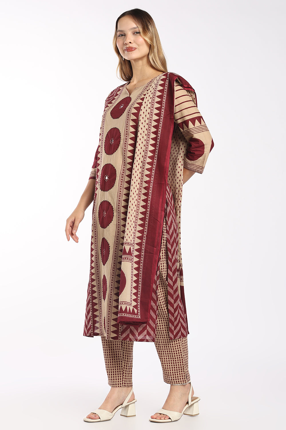 Mythri Women’s Cotton Printed Chudidar Set | 3 Piece Kurta Set with 3/4 Sleeves | Regular Fit Ethnic Suit Set for Daily Office & Casual Wear - 1434