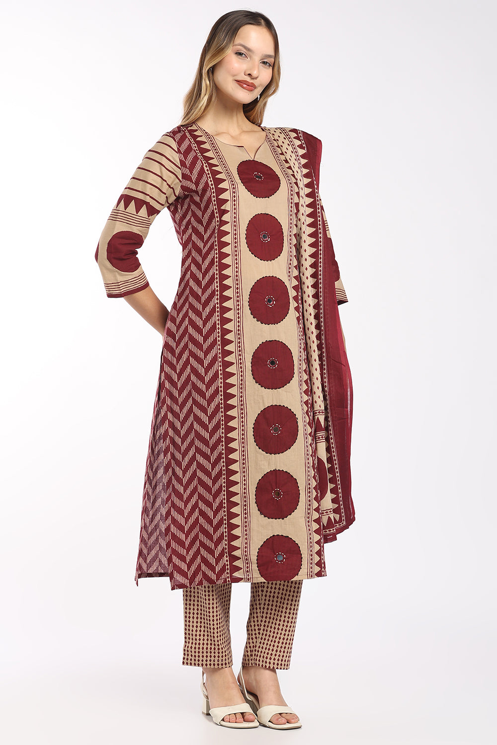 Mythri Women’s Cotton Printed Chudidar Set | 3 Piece Kurta Set with 3/4 Sleeves | Regular Fit Ethnic Suit Set for Daily Office & Casual Wear - 1434