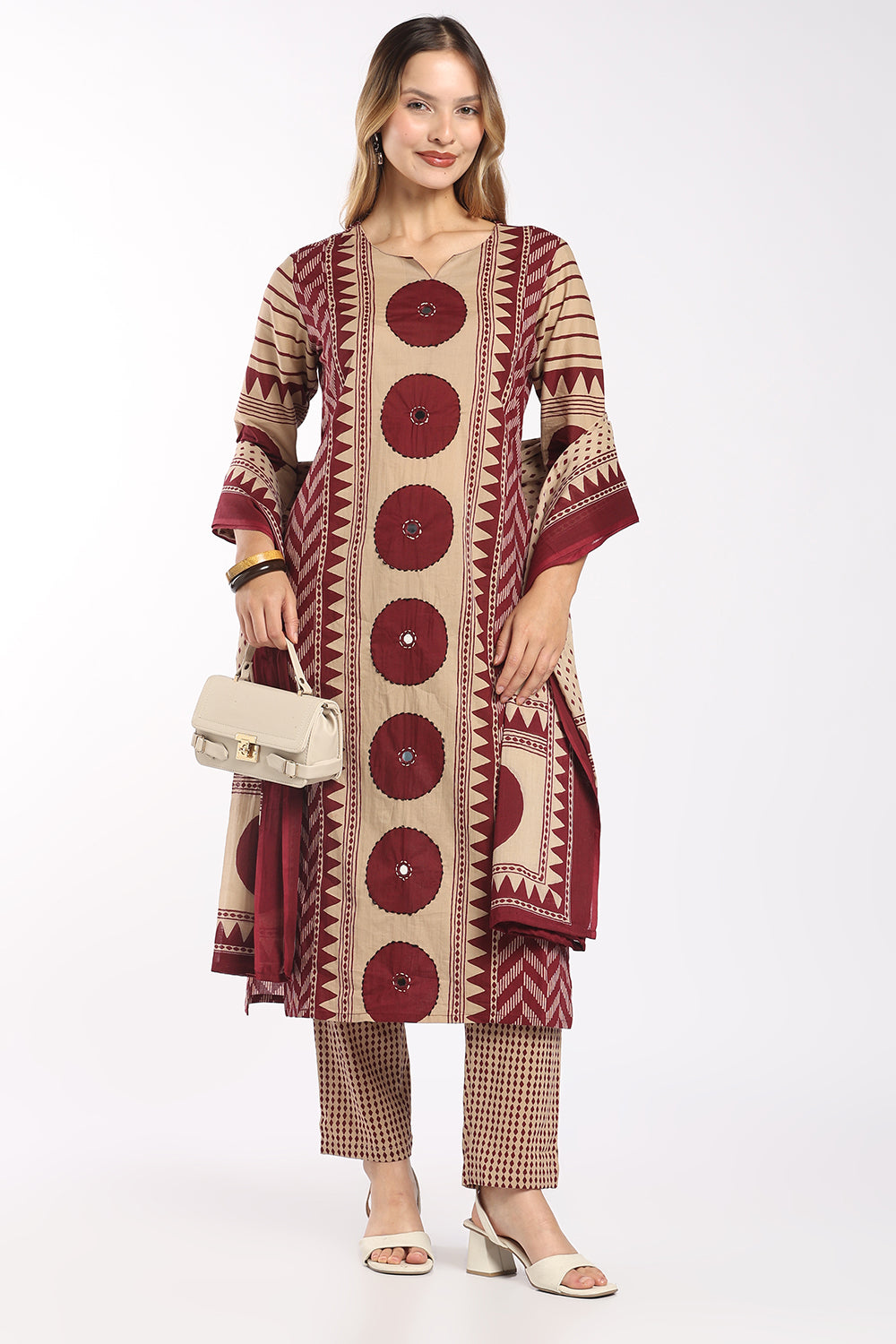 Mythri Women’s Cotton Printed Chudidar Set | 3 Piece Kurta Set with 3/4 Sleeves | Regular Fit Ethnic Suit Set for Daily Office & Casual Wear - 1434