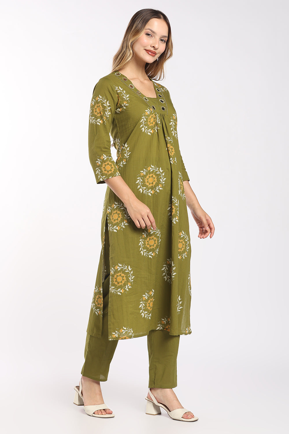 Mythri Women’s Printed Cotton Co-ord Set | 3/4 Sleeve Kurti and Pant Set for Women | Regular Fit Everyday Ethnic Wear - 1399