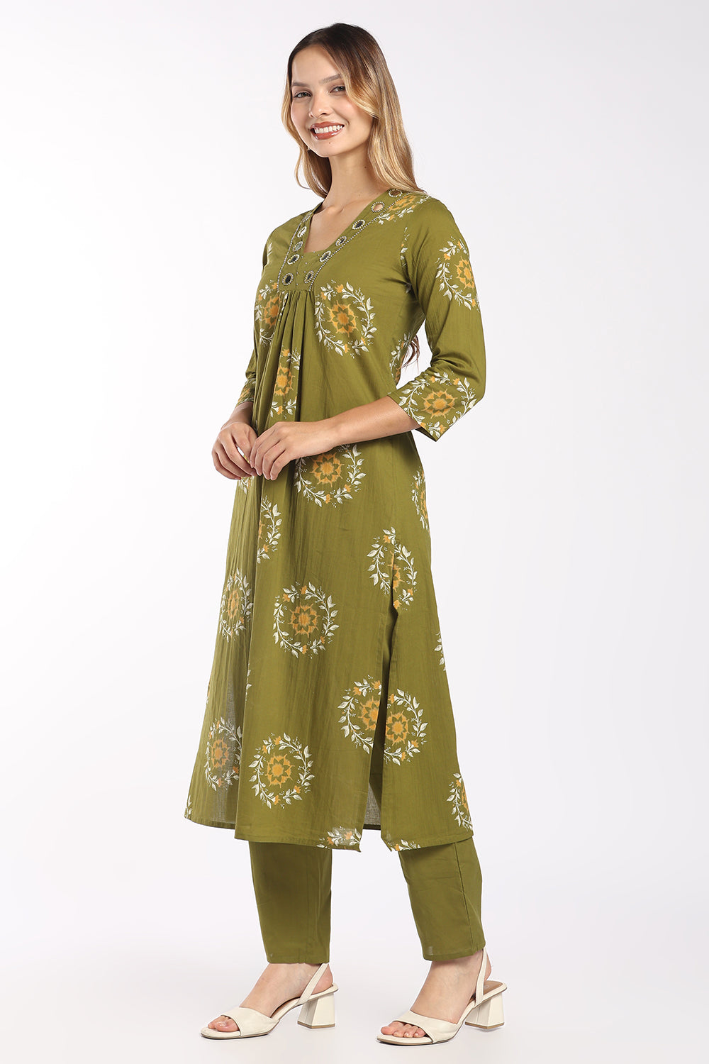 Mythri Women’s Printed Cotton Co-ord Set | 3/4 Sleeve Kurti and Pant Set for Women | Regular Fit Everyday Ethnic Wear - 1399