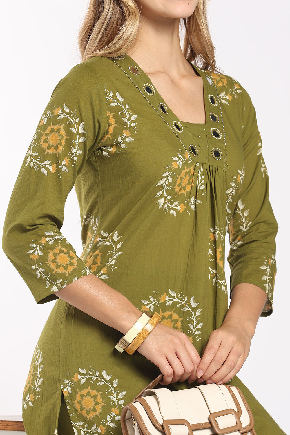 Mythri Women’s Printed Cotton Co-ord Set | 3/4 Sleeve Kurti and Pant Set for Women | Regular Fit Everyday Ethnic Wear - 1399