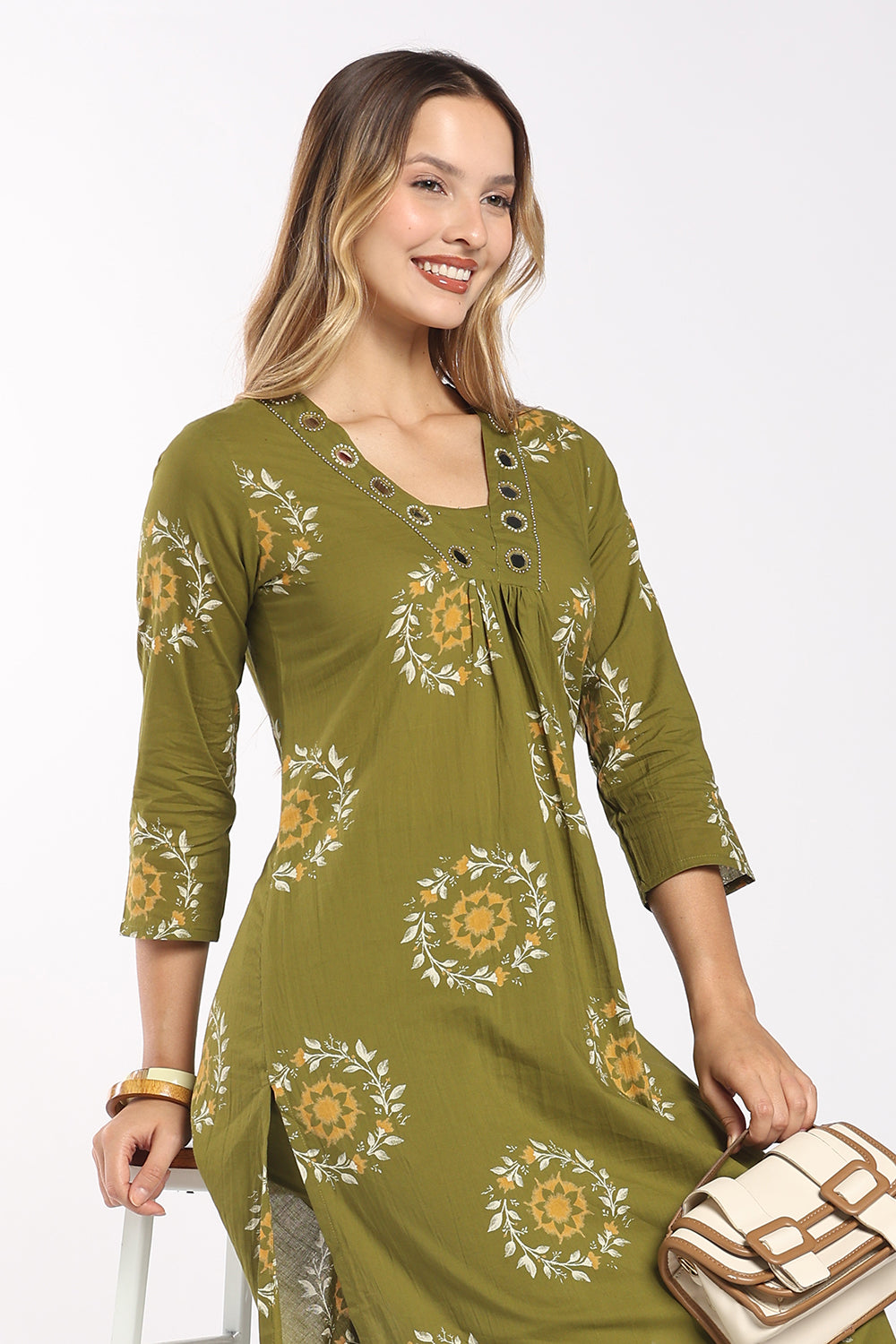 Mythri Women’s Printed Cotton Co-ord Set | 3/4 Sleeve Kurti and Pant Set for Women | Regular Fit Everyday Ethnic Wear - 1399