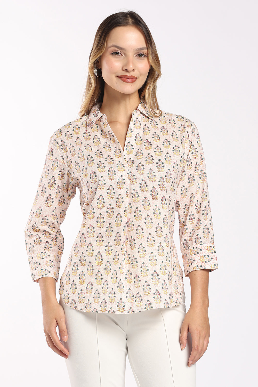 Mythri Women's Cotton Collared Top | Notch Neck 3/4 Sleeve Top with Inverted Pleat | Regular Fit Office, Casual & Daily Wear - SH04