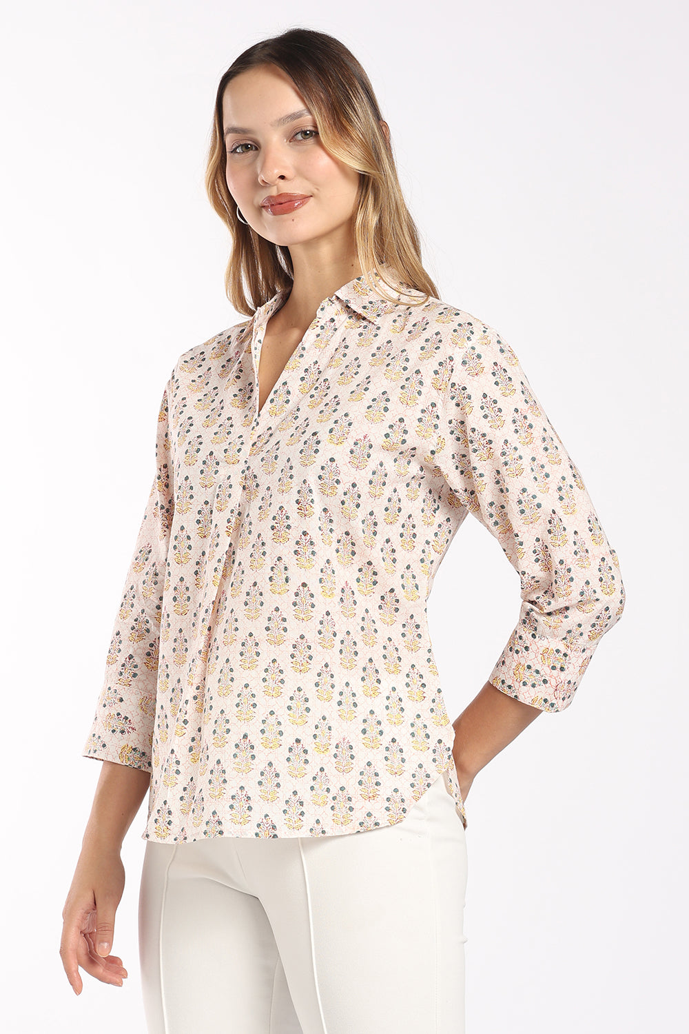 Mythri Women's Cotton Collared Top | Notch Neck 3/4 Sleeve Top with Inverted Pleat | Regular Fit Office, Casual & Daily Wear - SH04