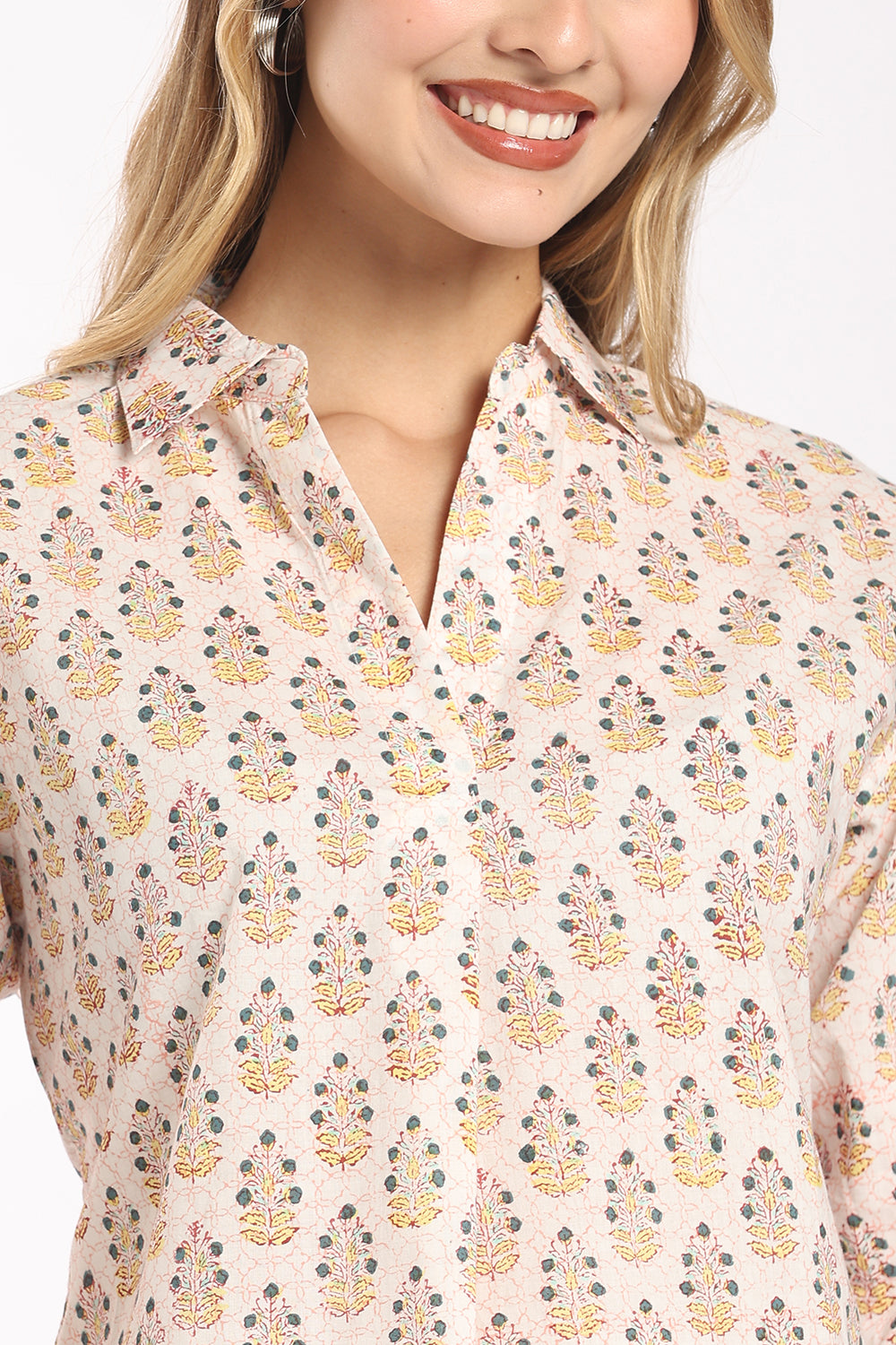 Mythri Women's Cotton Collared Top | Notch Neck 3/4 Sleeve Top with Inverted Pleat | Regular Fit Office, Casual & Daily Wear - SH04