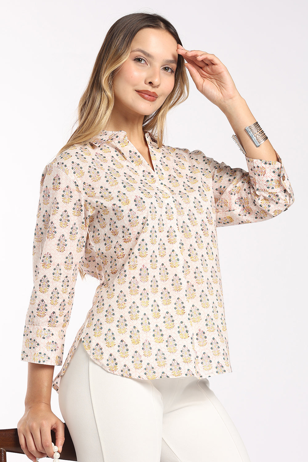 Mythri Women's Cotton Collared Top | Notch Neck 3/4 Sleeve Top with Inverted Pleat | Regular Fit Office, Casual & Daily Wear - SH04
