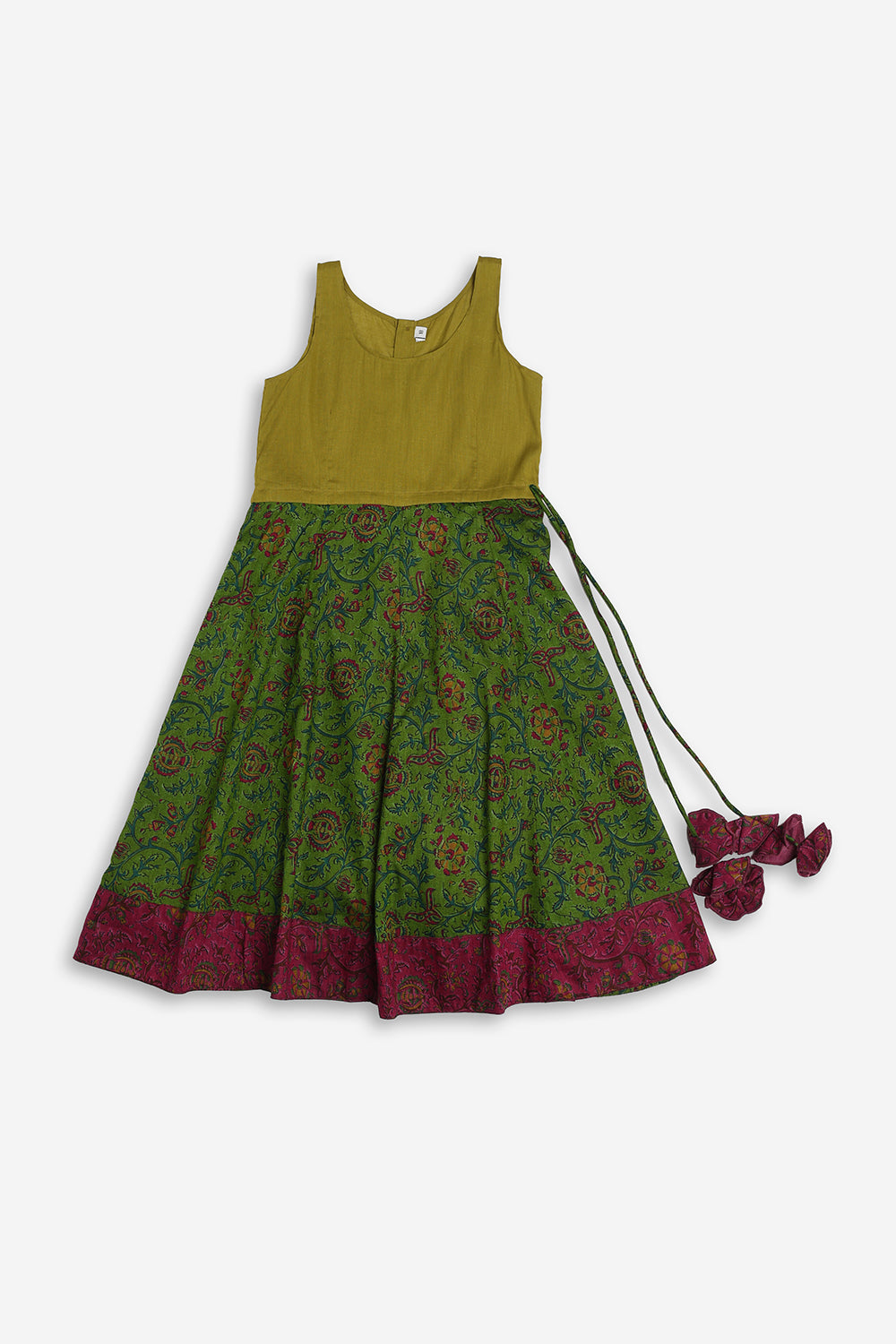Chittythali Girls Cotton Silk Blend Pavadai Set | Pintuck Sleeve Top with Yoke Patchwork & Kali Skirt | Traditional Ethnic Festive Dress for Girls - PS33