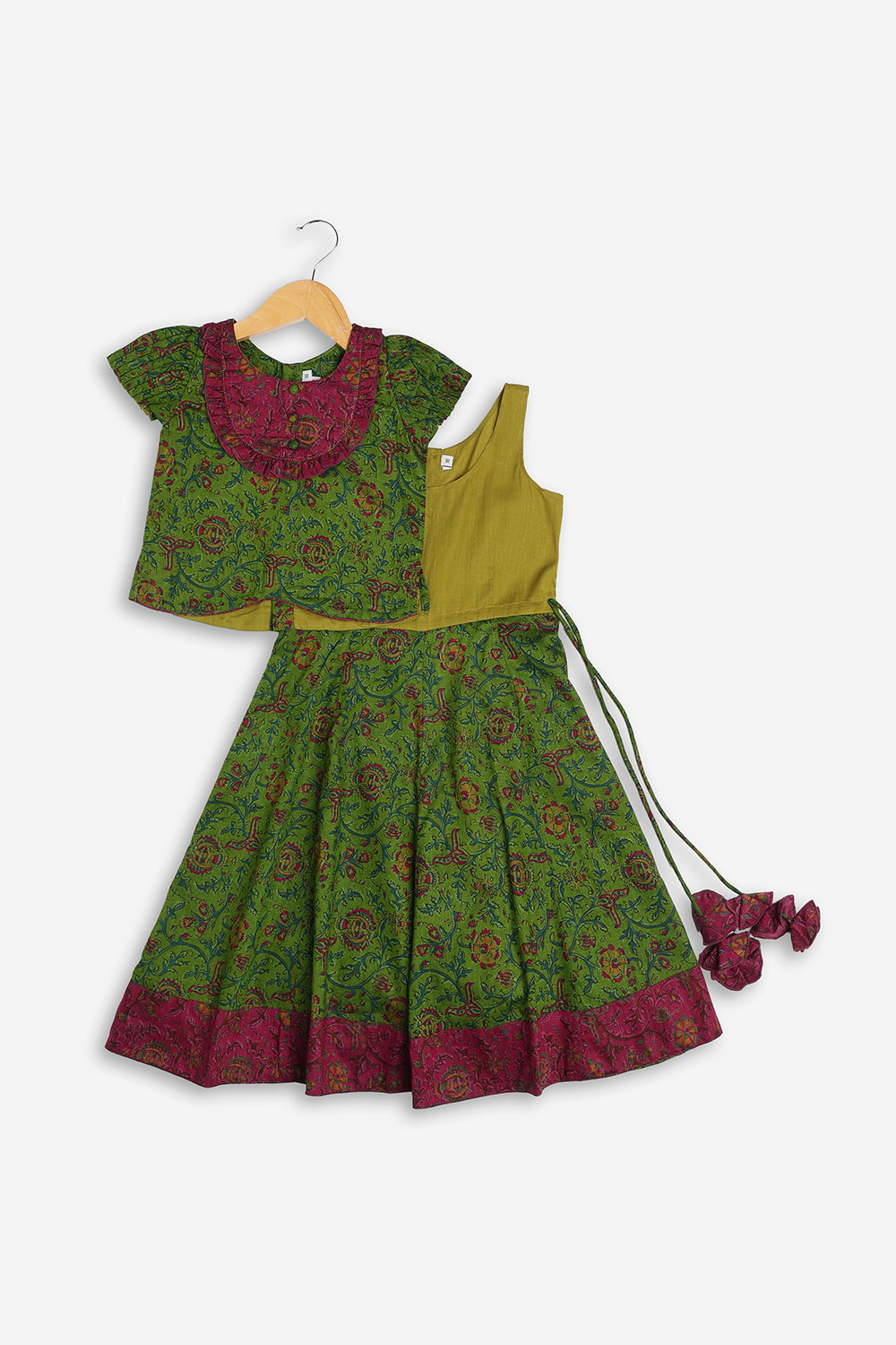 Chittythali Girls Cotton Silk Blend Pavadai Set | Pintuck Sleeve Top with Yoke Patchwork & Kali Skirt | Traditional Ethnic Festive Dress for Girls - PS33