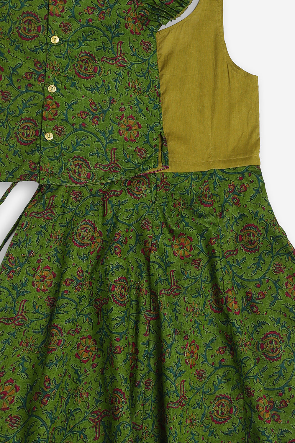 Chittythali Girls Cotton Silk Blend Pavadai Set | Pintuck Sleeve Top with Yoke Patchwork & Kali Skirt | Traditional Ethnic Festive Dress for Girls - PS33