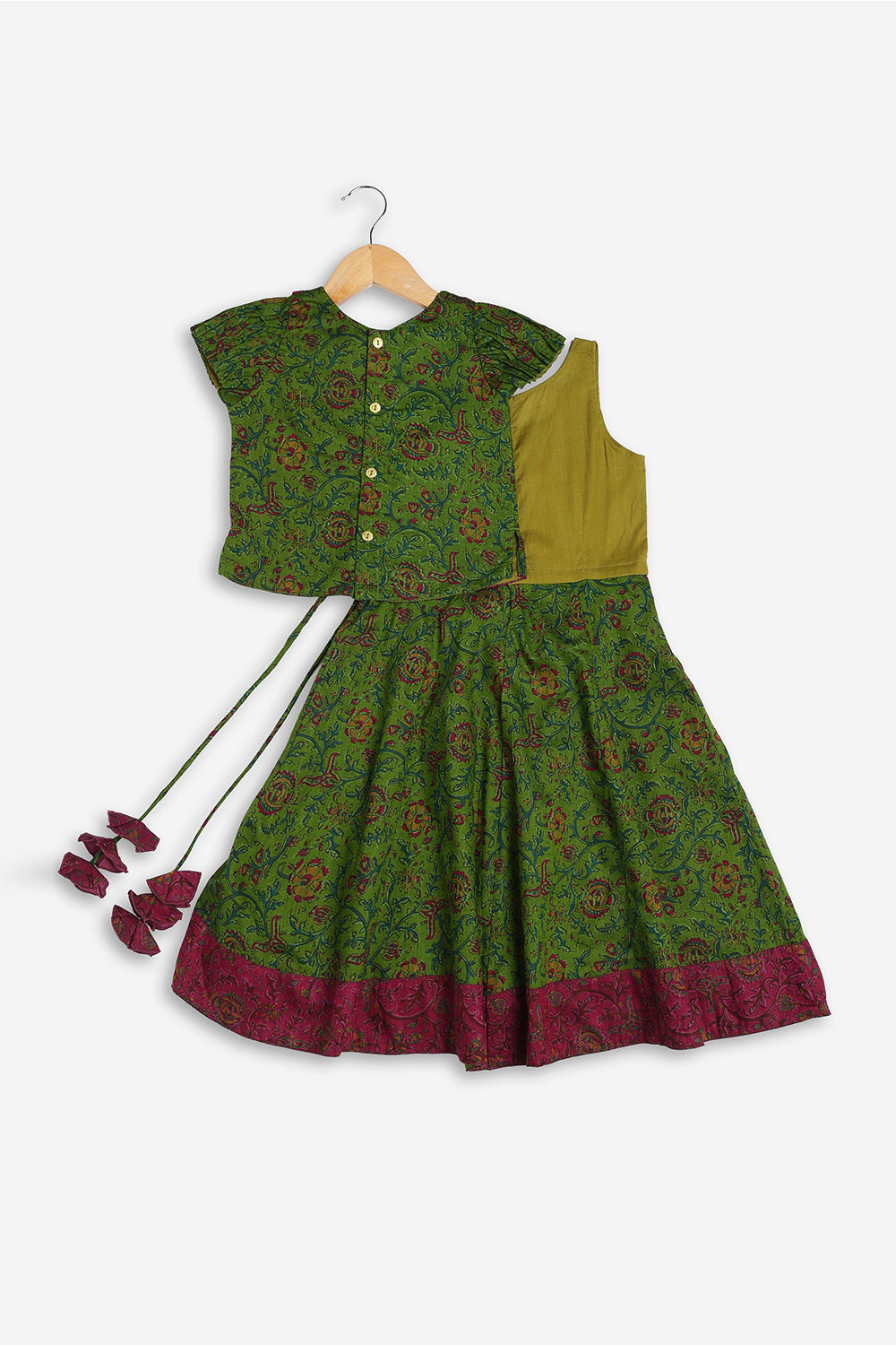 Chittythali Girls Cotton Silk Blend Pavadai Set | Pintuck Sleeve Top with Yoke Patchwork & Kali Skirt | Traditional Ethnic Festive Dress for Girls - PS33