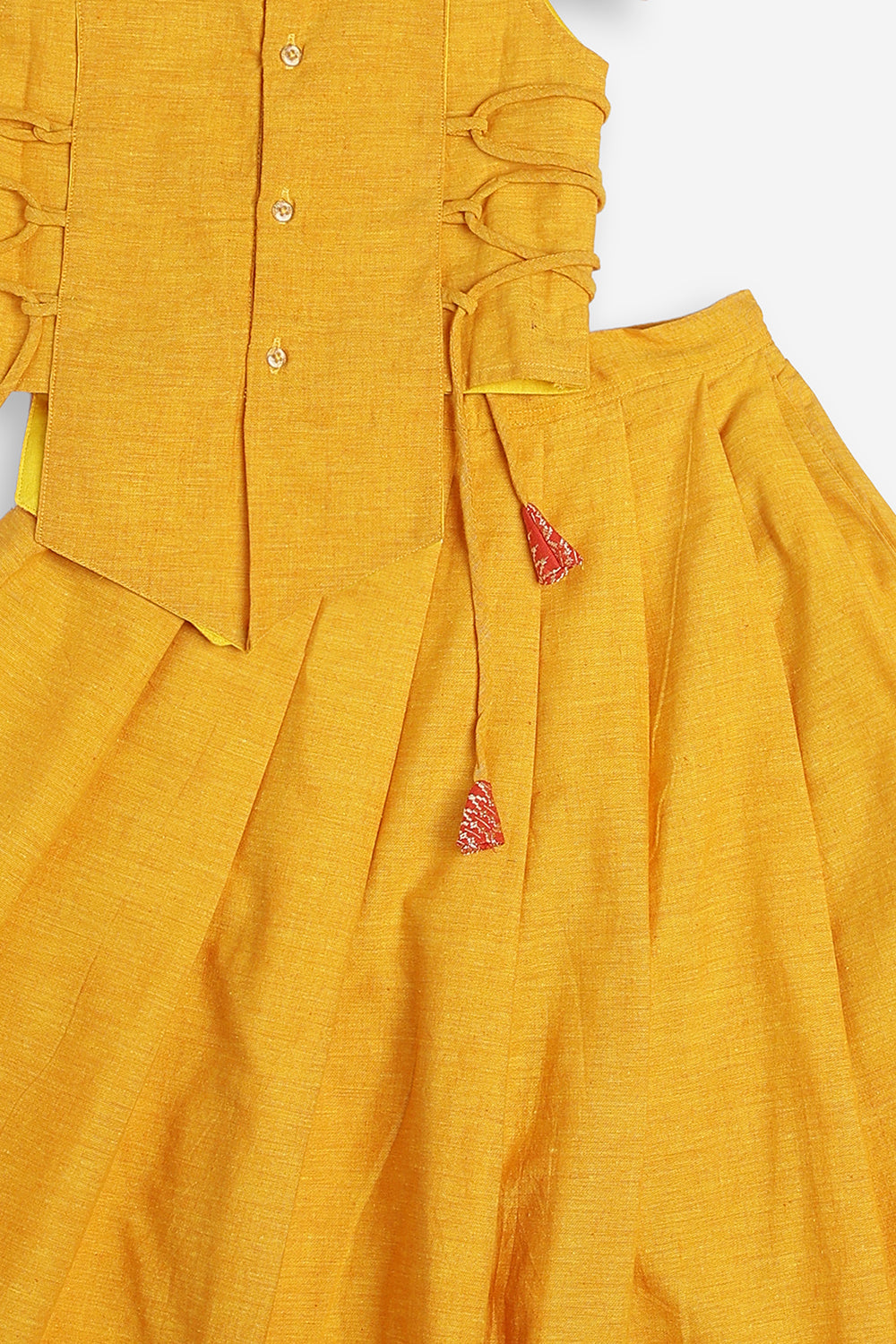 Chittythali Girls Handloom Cotton Pavadai Set | Mangalagiri Style Panelled Tie-Up Top with Knife Pleated Skirt | Traditional Ethnic Dress for Girls - PS93