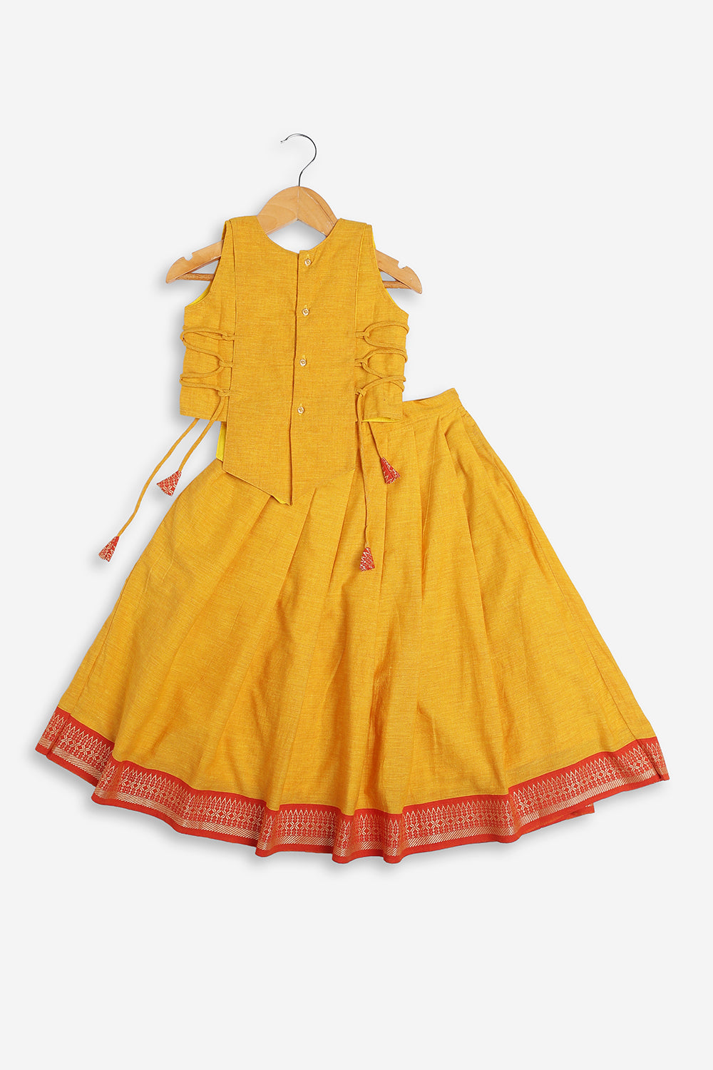 Chittythali Girls Handloom Cotton Pavadai Set | Mangalagiri Style Panelled Tie-Up Top with Knife Pleated Skirt | Traditional Ethnic Dress for Girls - PS93