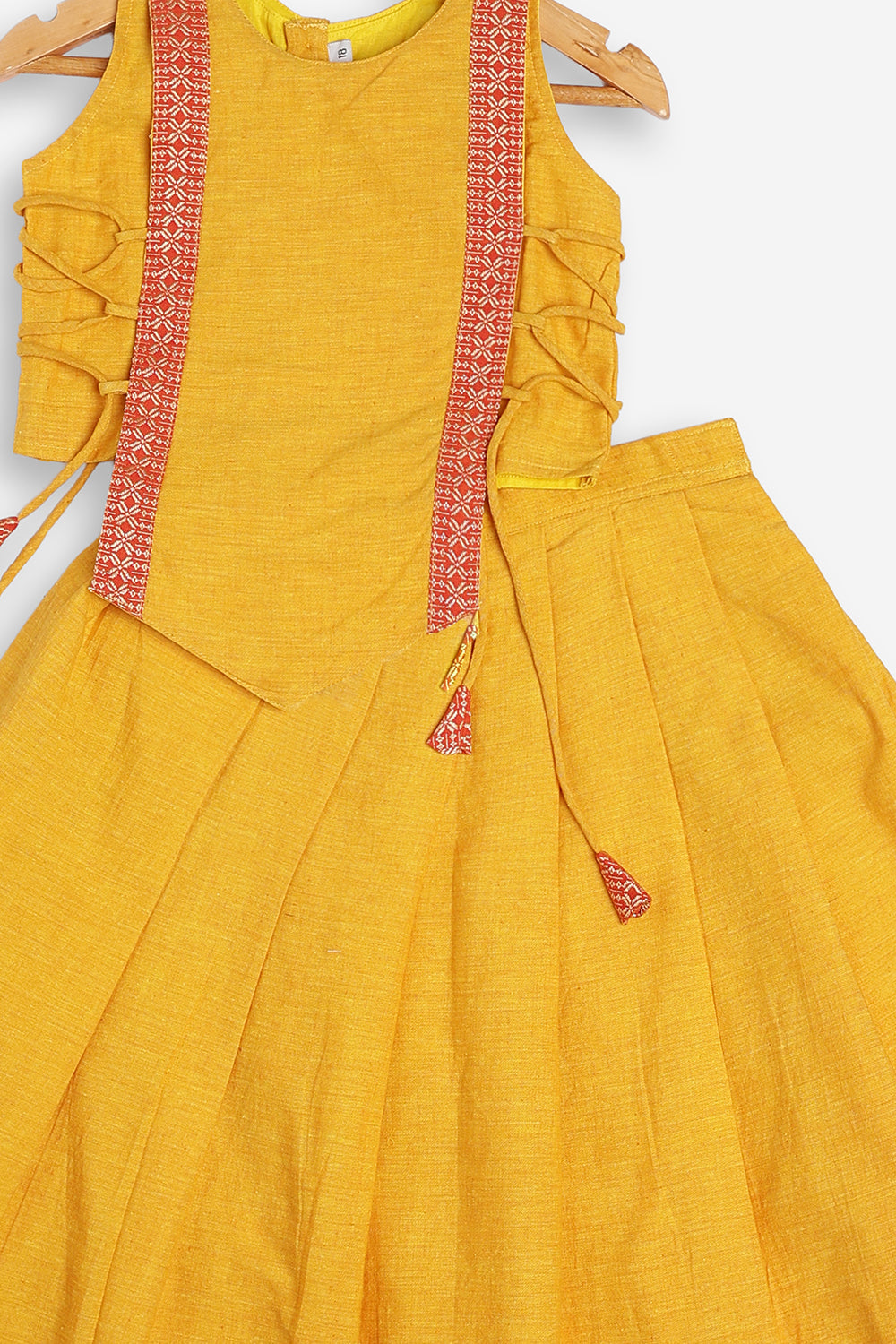 Chittythali Girls Handloom Cotton Pavadai Set | Mangalagiri Style Panelled Tie-Up Top with Knife Pleated Skirt | Traditional Ethnic Dress for Girls - PS93