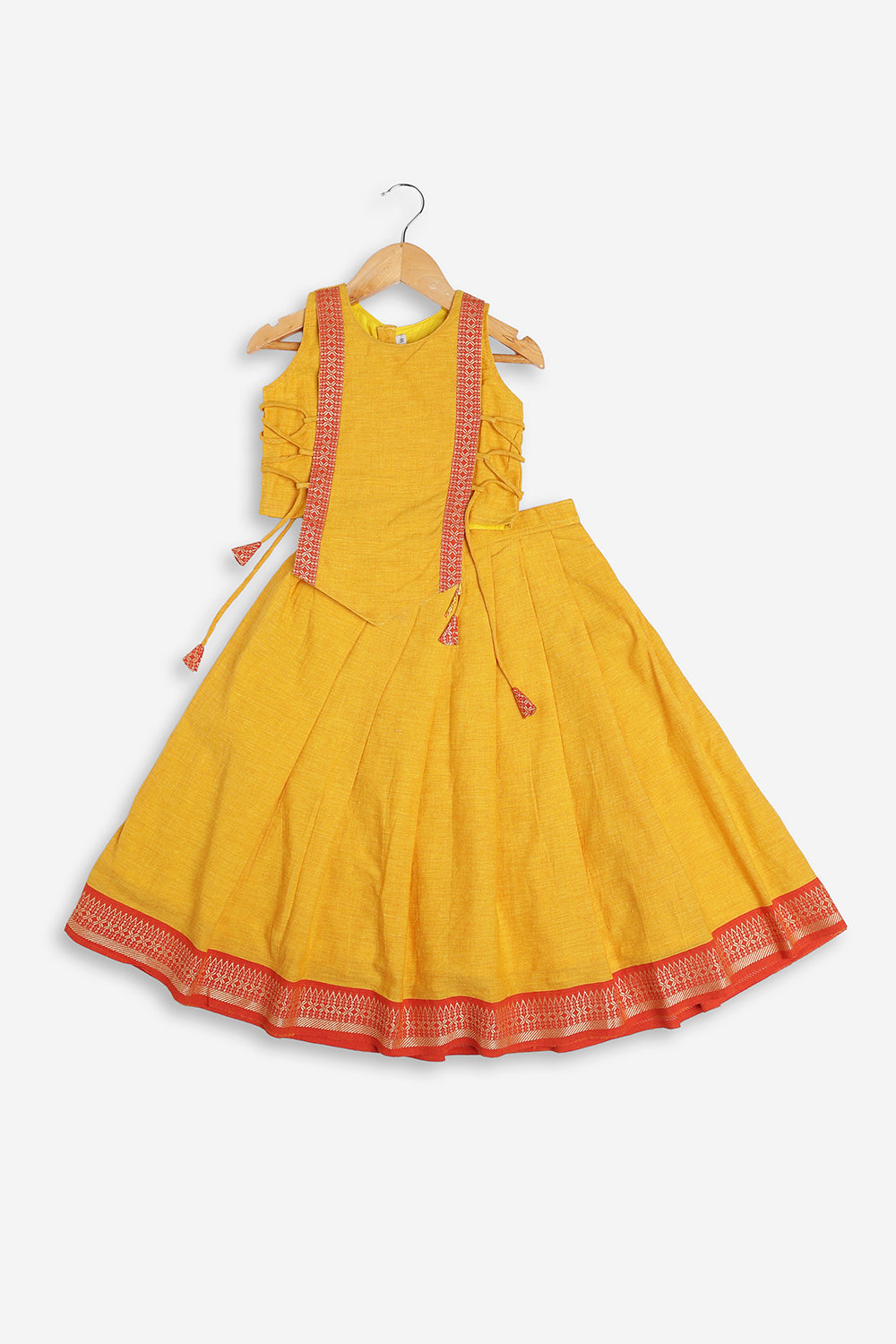 Chittythali Girls Handloom Cotton Pavadai Set | Mangalagiri Style Panelled Tie-Up Top with Knife Pleated Skirt | Traditional Ethnic Dress for Girls - PS93