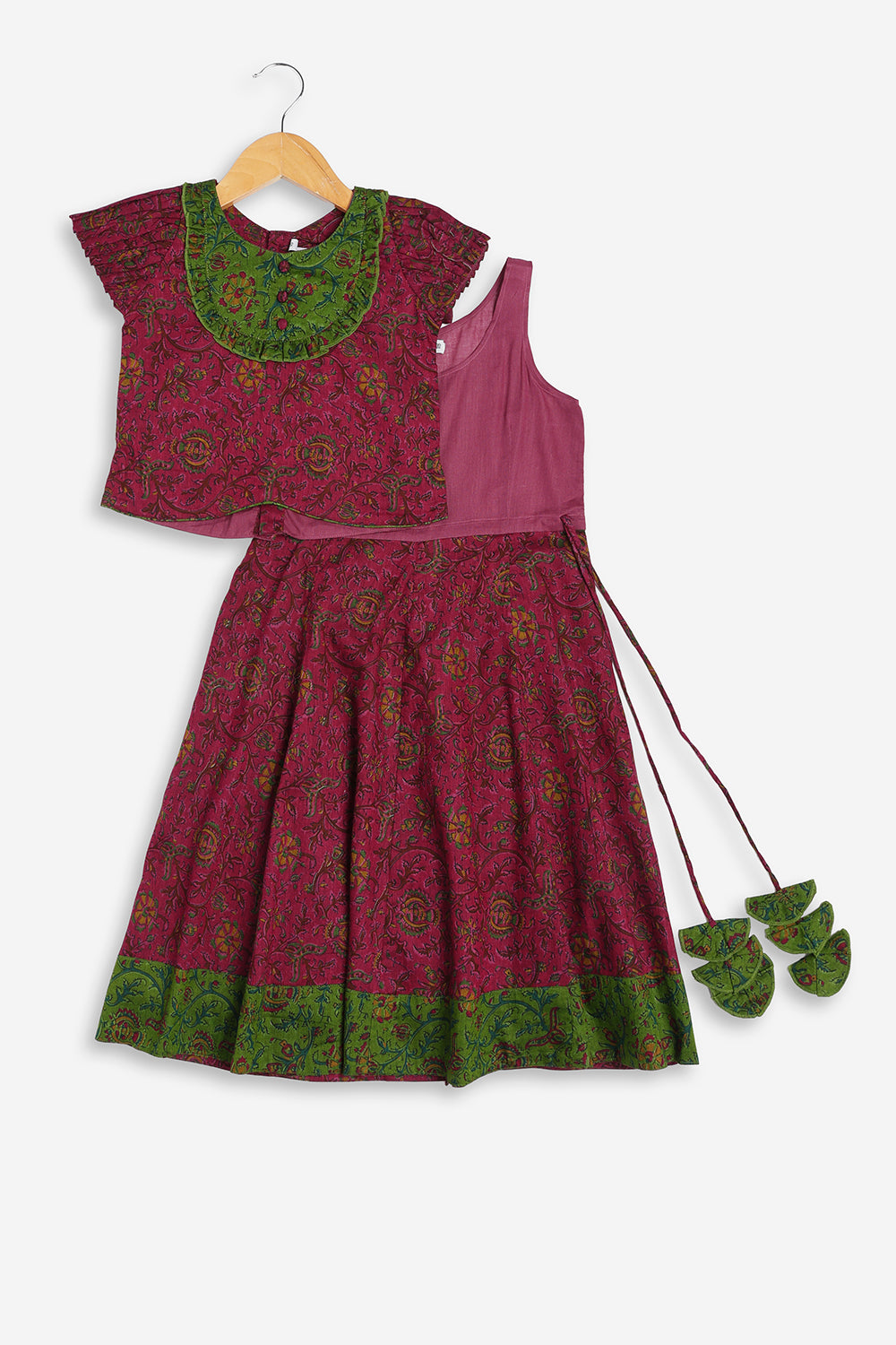 Chittythali Girls Cotton Silk Blend Pavadai Set | Pintuck Sleeve Top with Yoke Patchwork & Kali Skirt | Traditional Ethnic Festive Dress for Girls - PS33