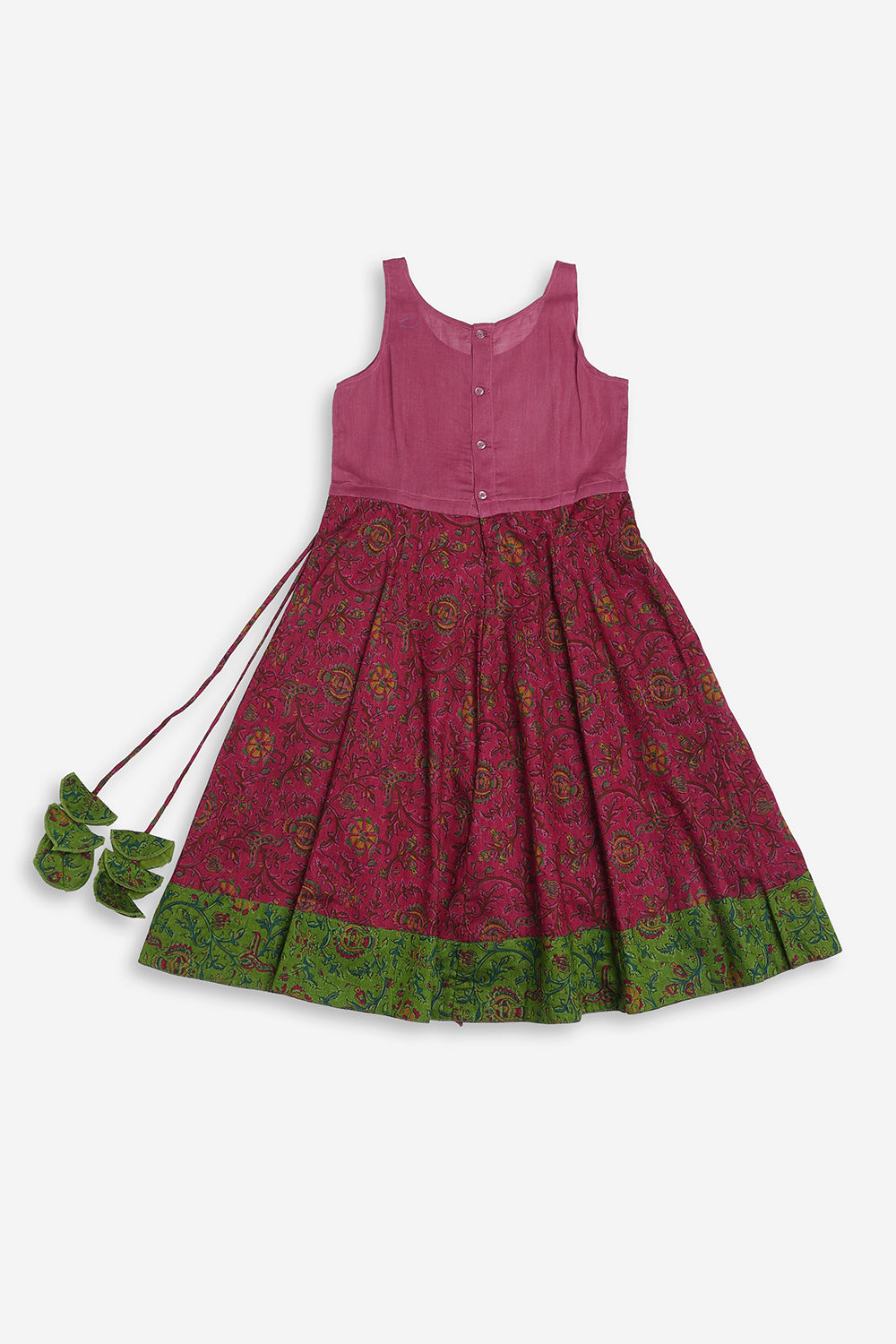 Chittythali Girls Cotton Silk Blend Pavadai Set | Pintuck Sleeve Top with Yoke Patchwork & Kali Skirt | Traditional Ethnic Festive Dress for Girls - PS33